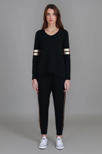 Kiara Long Sleeve T Shirt - Gold Stripe Black