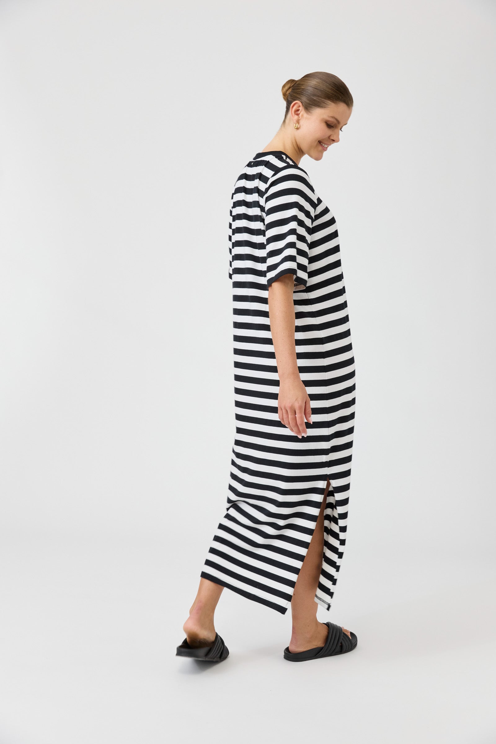 Eb & Ive Studio dress black and white stripe midi length cotton easy wear casual ebony