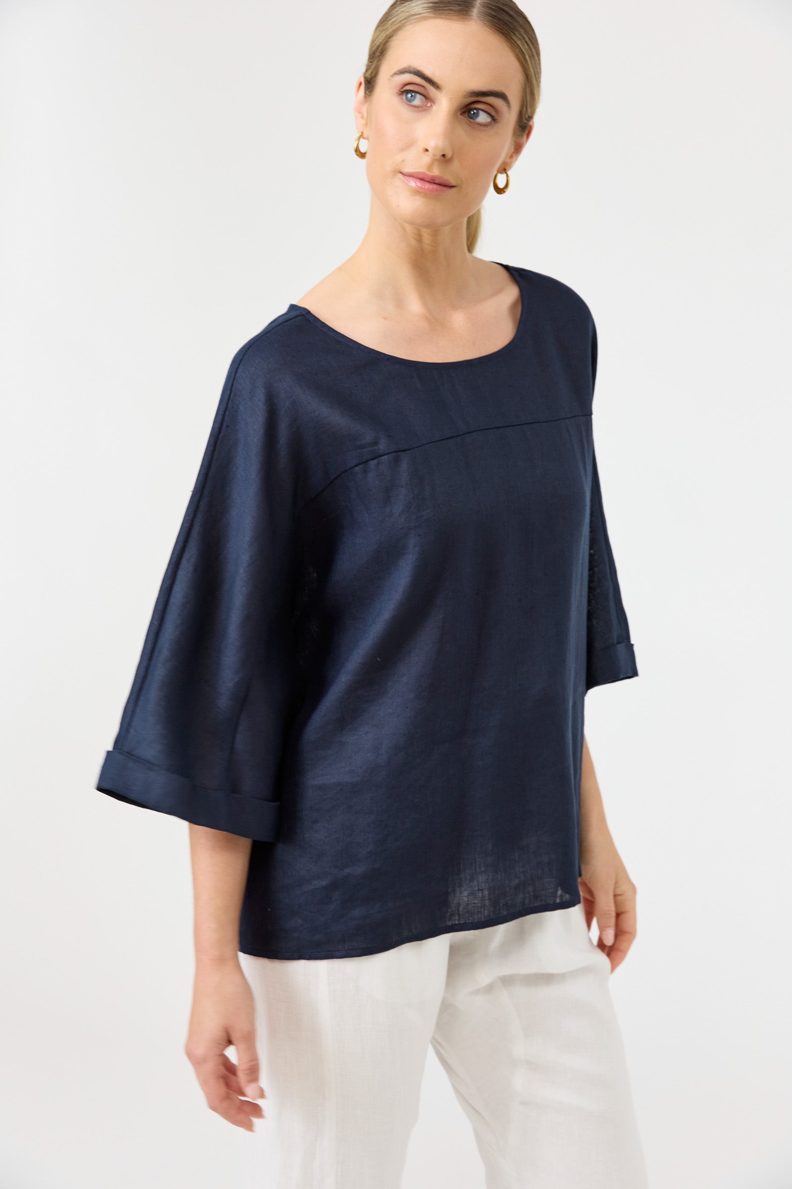 Eb&Ive Studio linen relaxed Navy top three-quarter length sleeve relaxed fit evening work wear Ink Linen Blouse long sleeve Oversized Black Linen Top