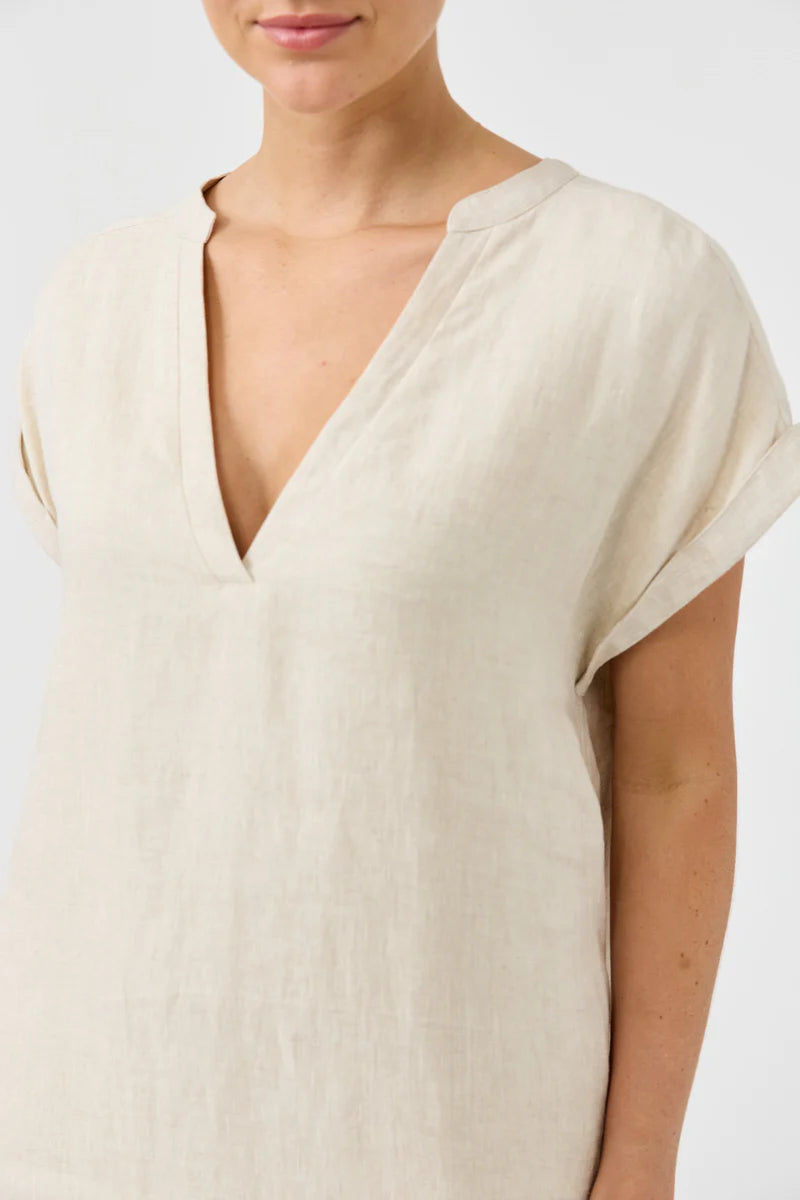 Eb&Ive Studio Linen Midi Dress with pockets tusk Work wear Dress Eb & Ive short sleeve V neck travel Natural crisp shift Holiday travel dress