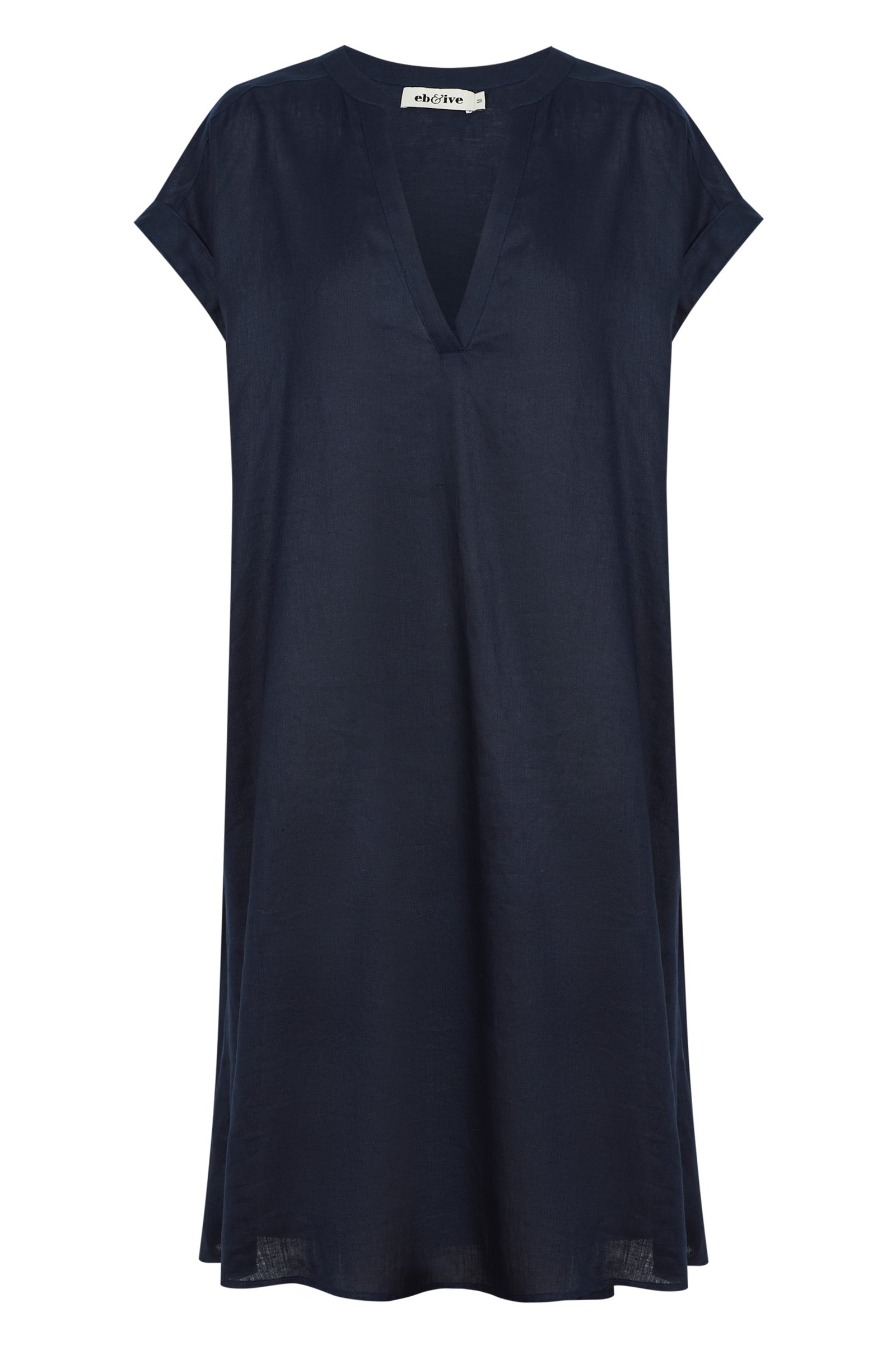 Eb&Ive Studio Linen Midi Dress with pockets navy blue Work wear Dress Eb & Ive short sleeve V neck travel Natural crisp shift Holiday travel dress