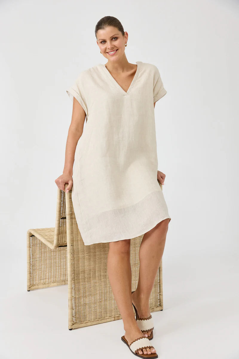 Eb&Ive Studio Linen Midi Dress with pockets tusk Work wear Dress Eb & Ive short sleeve V neck travel Natural crisp shift Holiday travel dress.