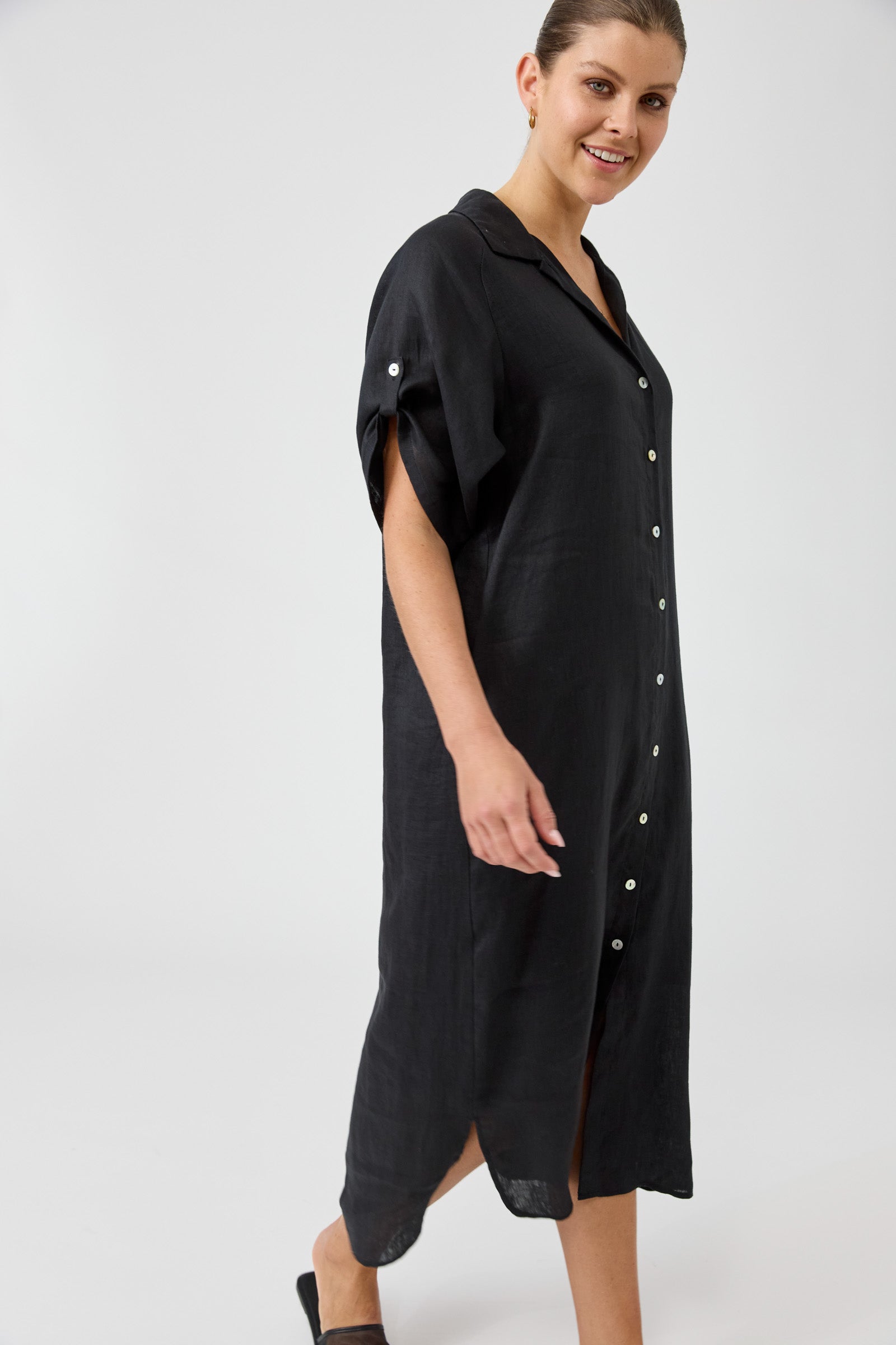 Eb & Ive linen shirt dress black every day staple versatile, flattering breezy