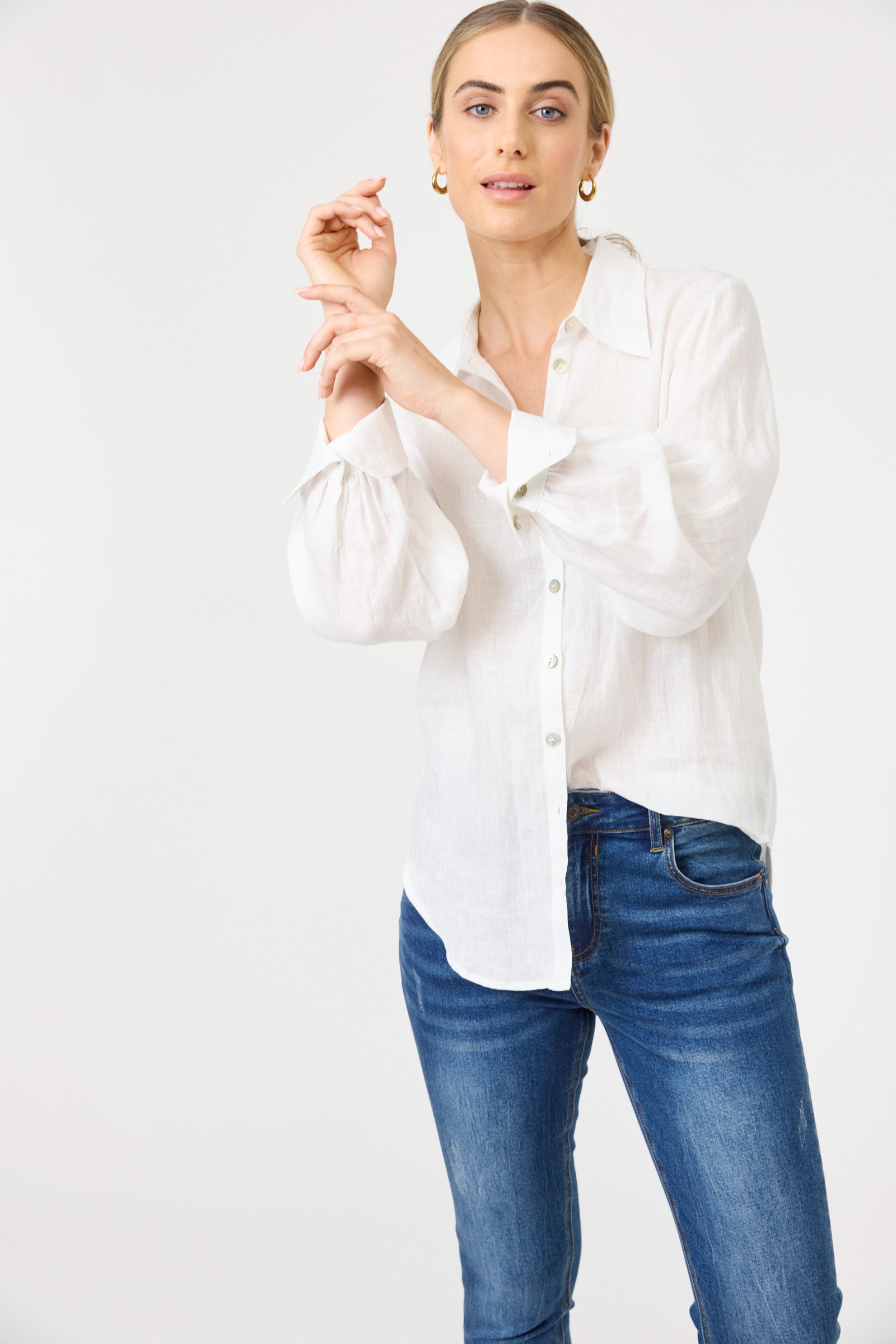 Eb&Ive studio linen white shirt button up work wear smart classic crisp collared versatile Long sleeve shell button down breathable salt ivory travel blouse