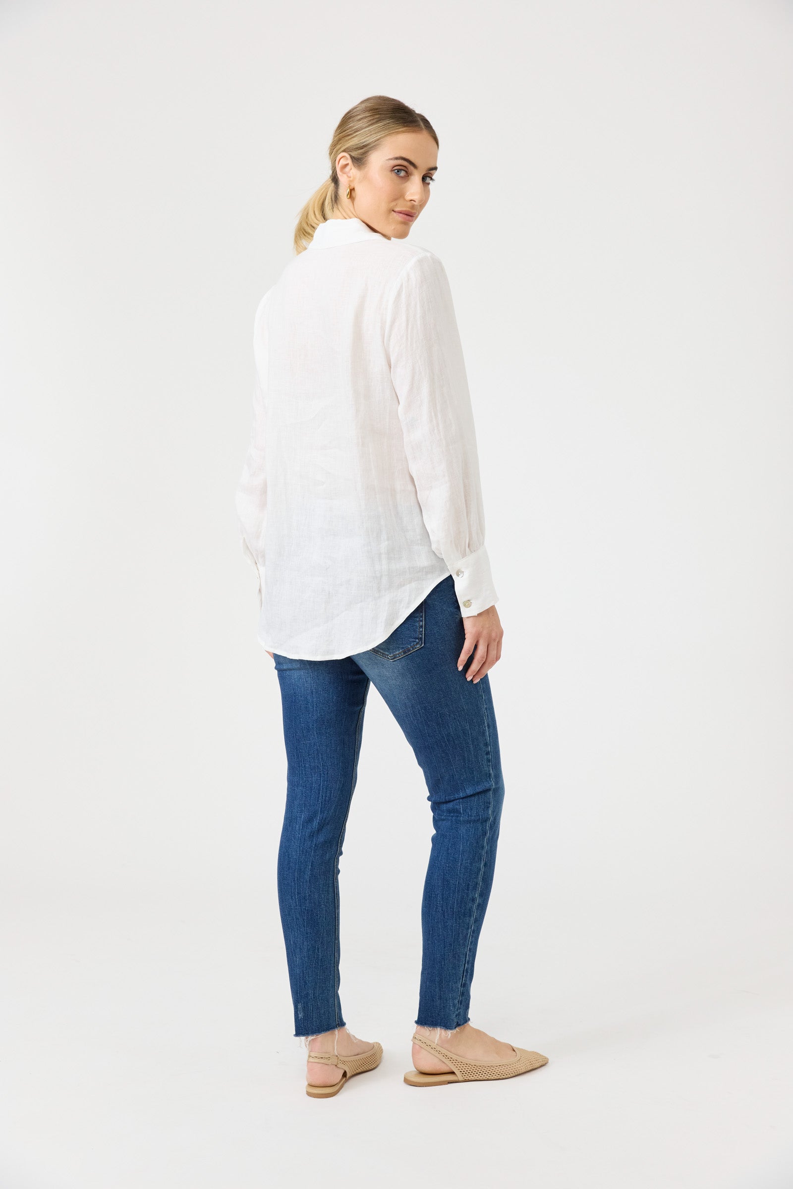 Eb&Ive studio linen white shirt button up work wear smart classic crisp collared versatile Long sleeve shell button down breathable salt ivory travel blouse