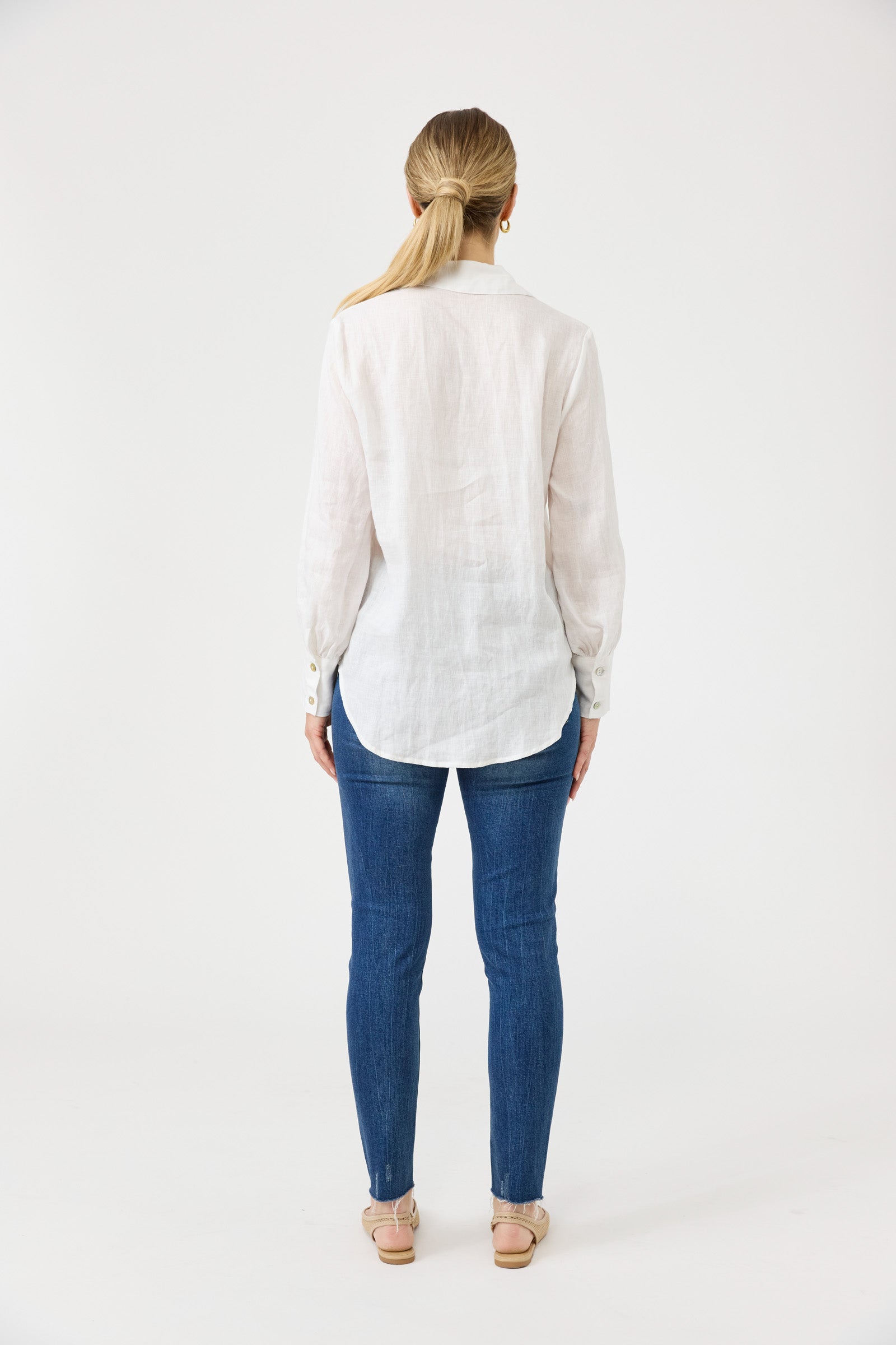 Eb&Ive studio linen white shirt button up work wear smart classic crisp collared versatile Long sleeve shell button down breathable salt ivory travel blouse