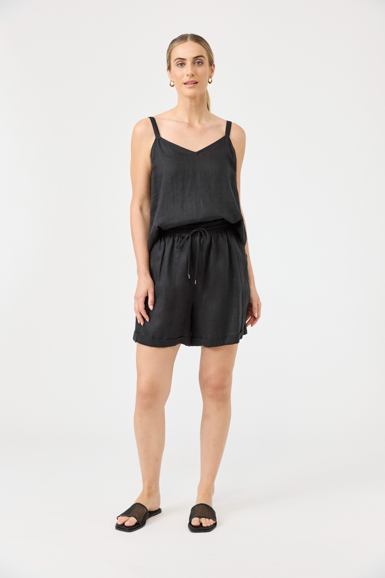 Eb & Ive Studio linen shorts black ebony tailored elastic waist beach to bar comfortable drawstring long