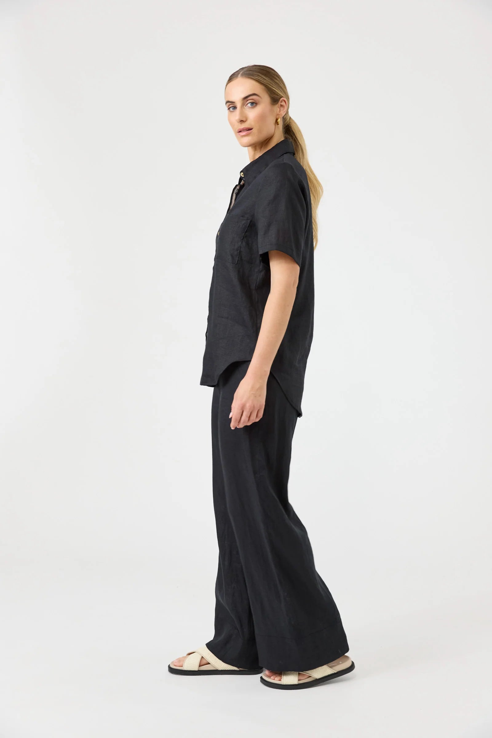 Eb and Ive studio linen short shirt ebony 100% pure linen work wear easy smart classic short sleeve button up front curved hem colour chic capsule piece black