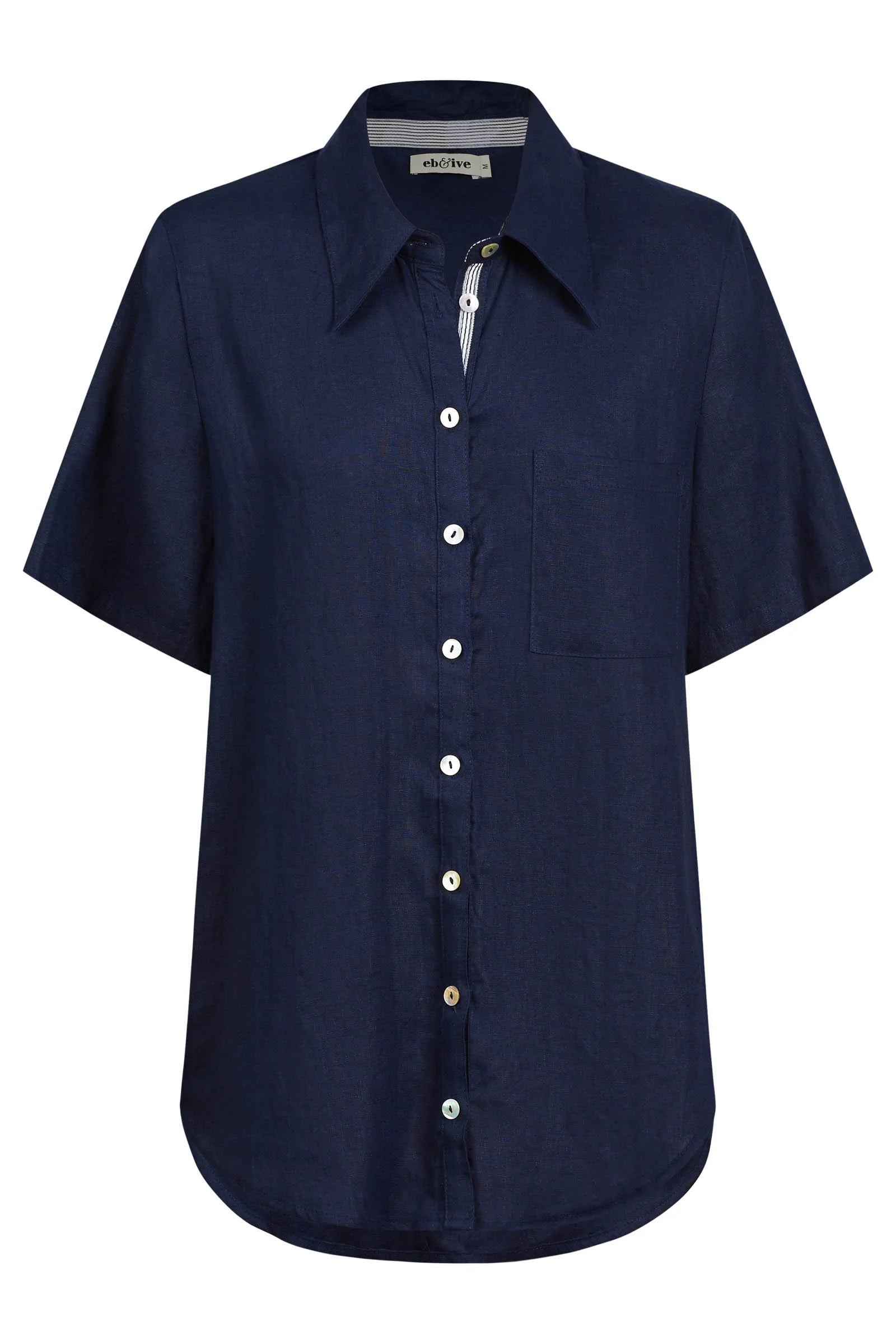 Eb and Ive studio linen short shirt indigo 100% pure linen work wear easy smart classic short sleeve button up front curved hem dark navy colour chic capsule piece blue