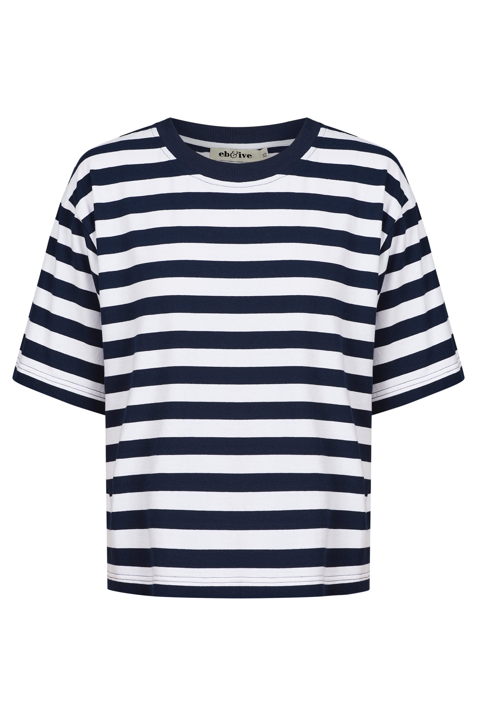 Studio stripe t shirt navy white Tee crew neck elbow length sleeve loose boxy fit cotton hip length relaxed silhouette three-quarter sleeve classic stripes casual wear