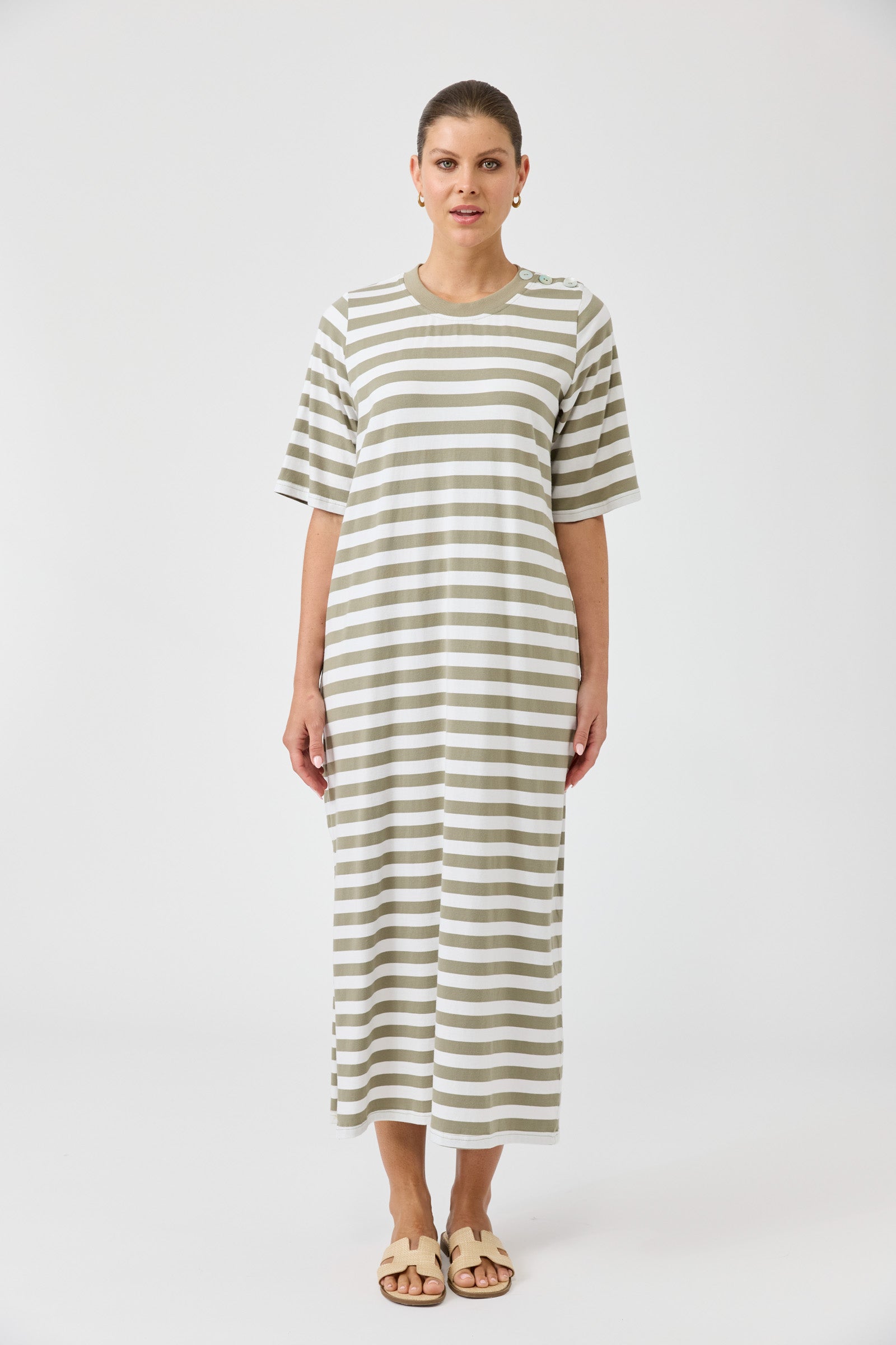Studio dress olive and white stripe cotton midi length easy wear Eb and Ive casual
