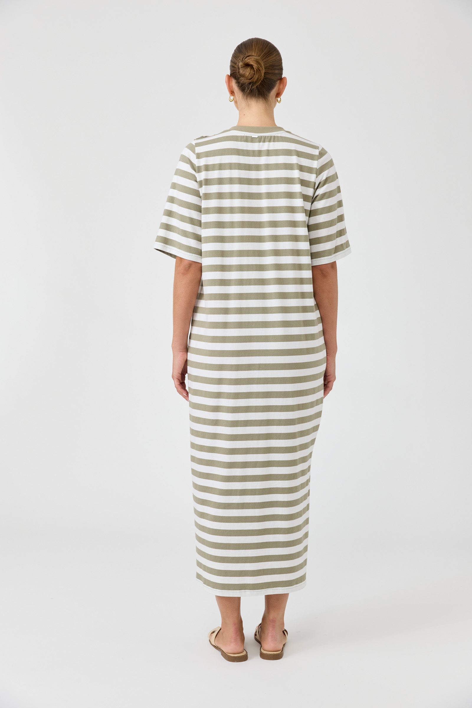 Studio dress olive and white stripe cotton midi length easy wear Eb and Ive casual