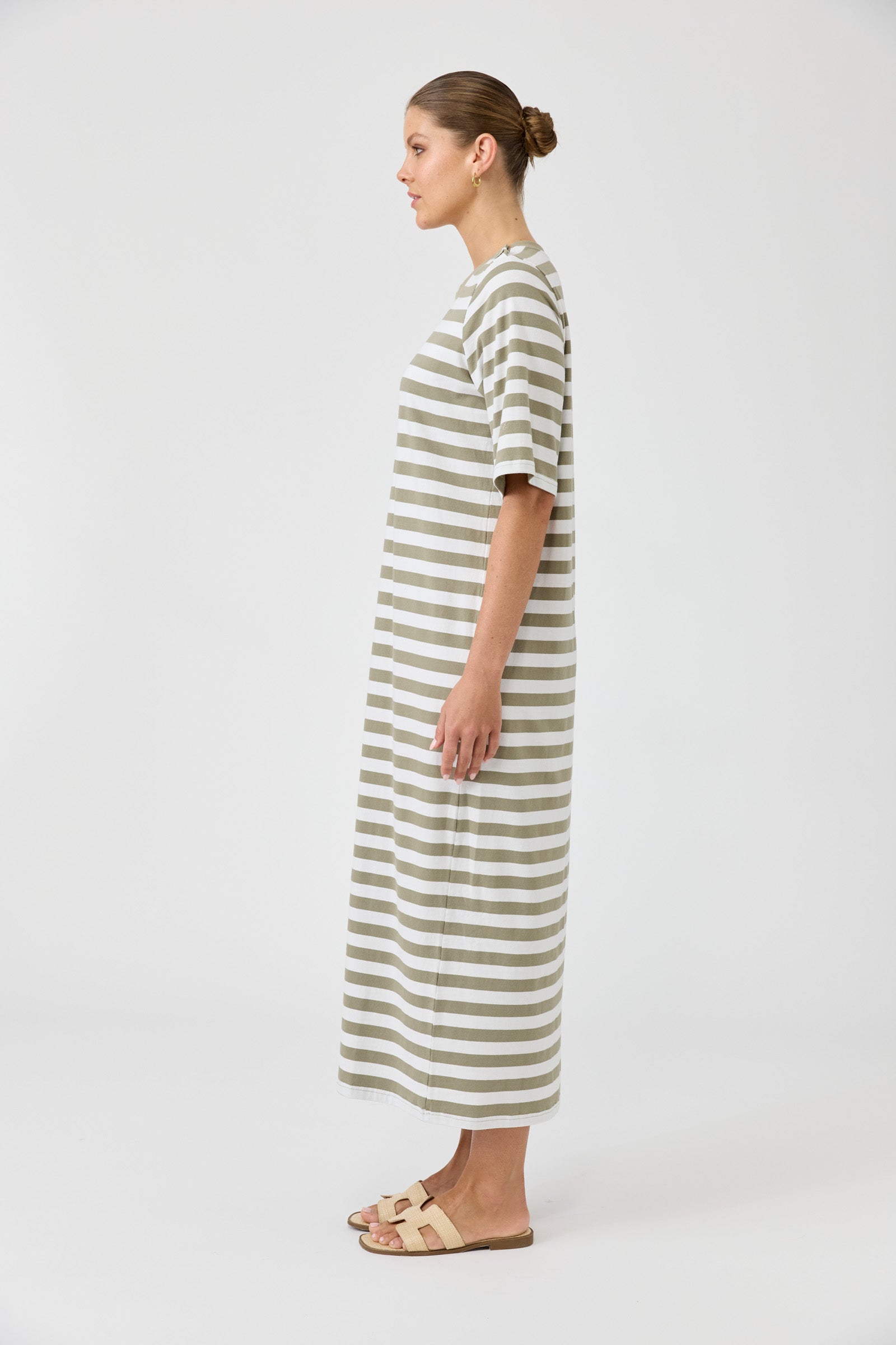 Studio dress olive and white stripe cotton midi length easy wear Eb and Ive casual