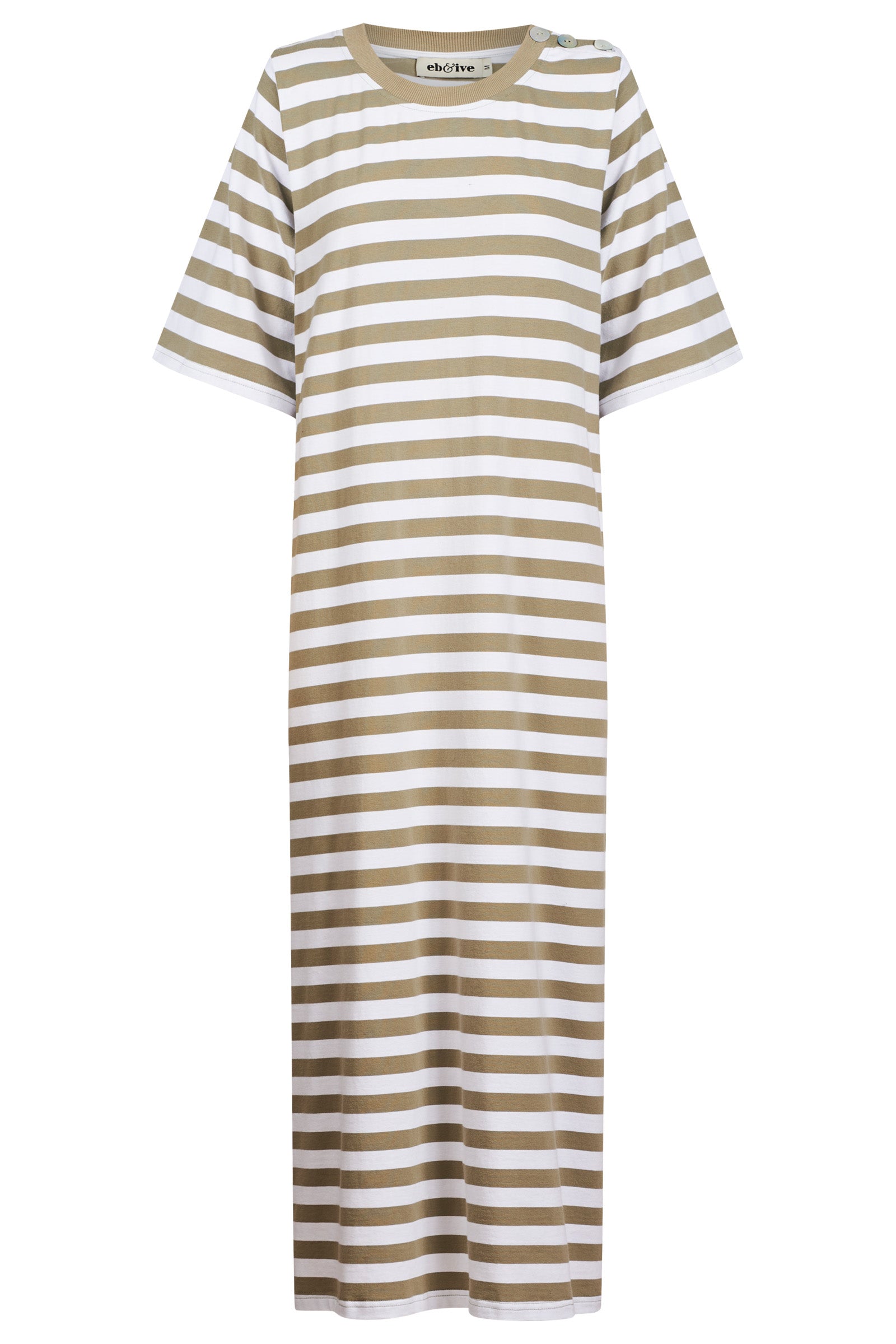 Studio dress olive and white stripe cotton midi length easy wear Eb and Ive casual