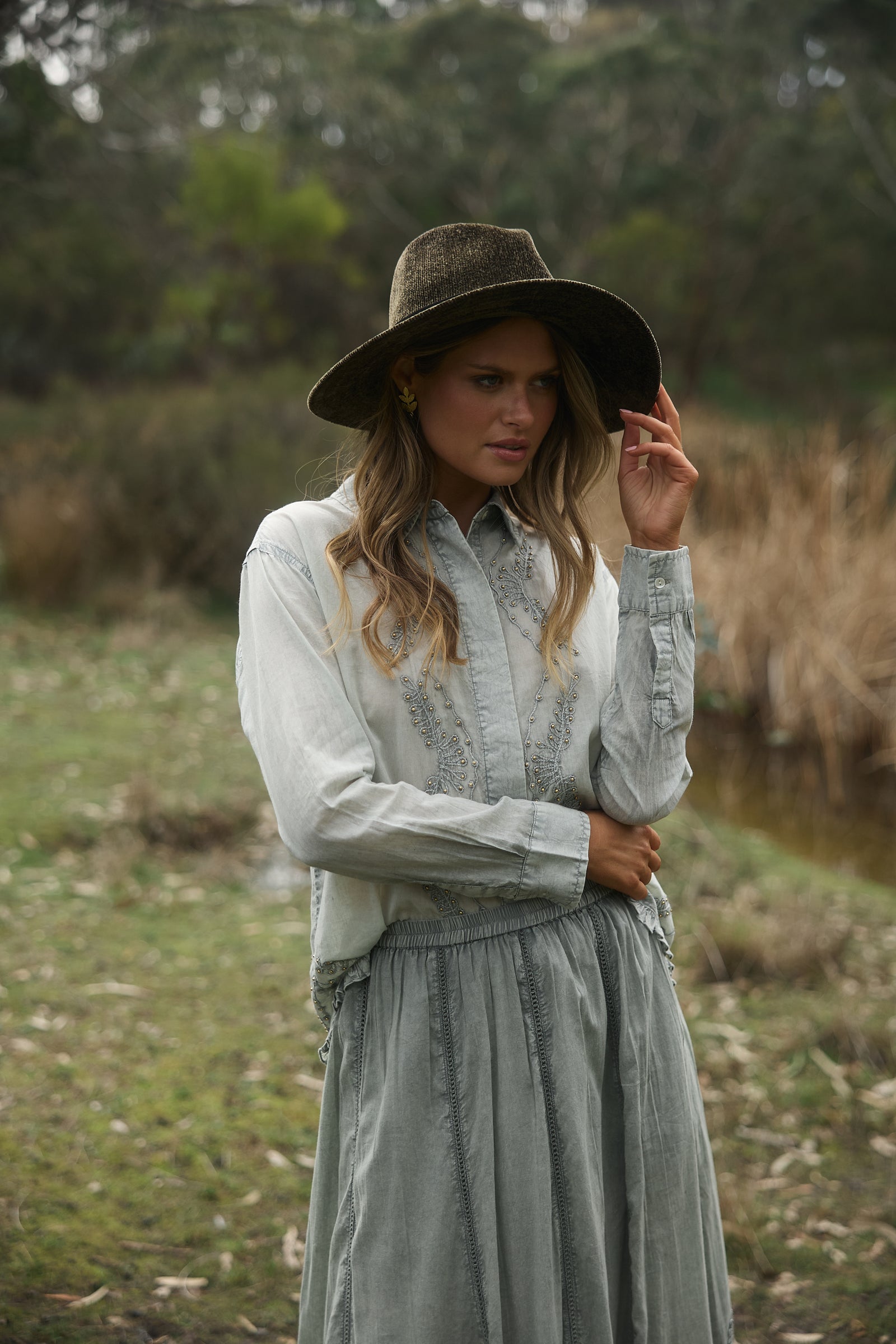 Sienna Shirt - Moss + Embroidery