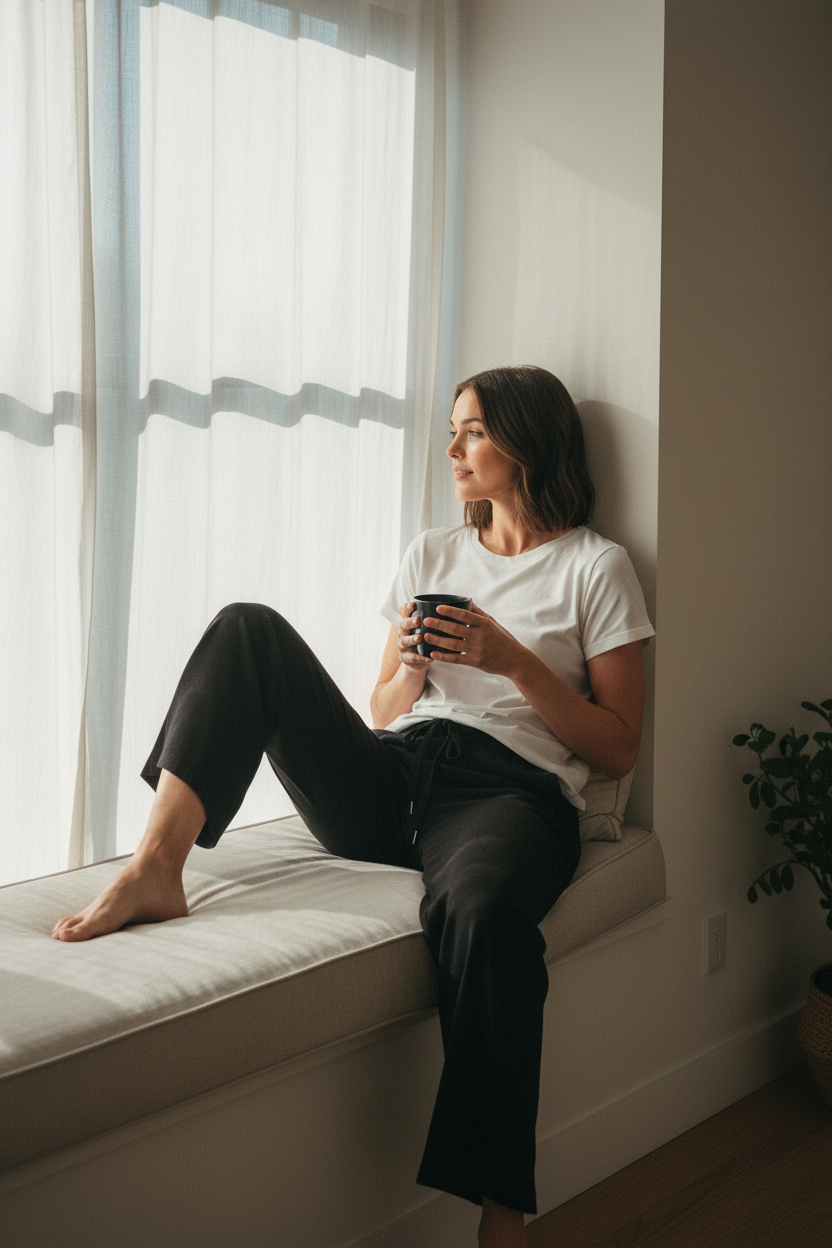 Cozy Editorial — Shorter Bamboo Tee White & Voyager Pant Black