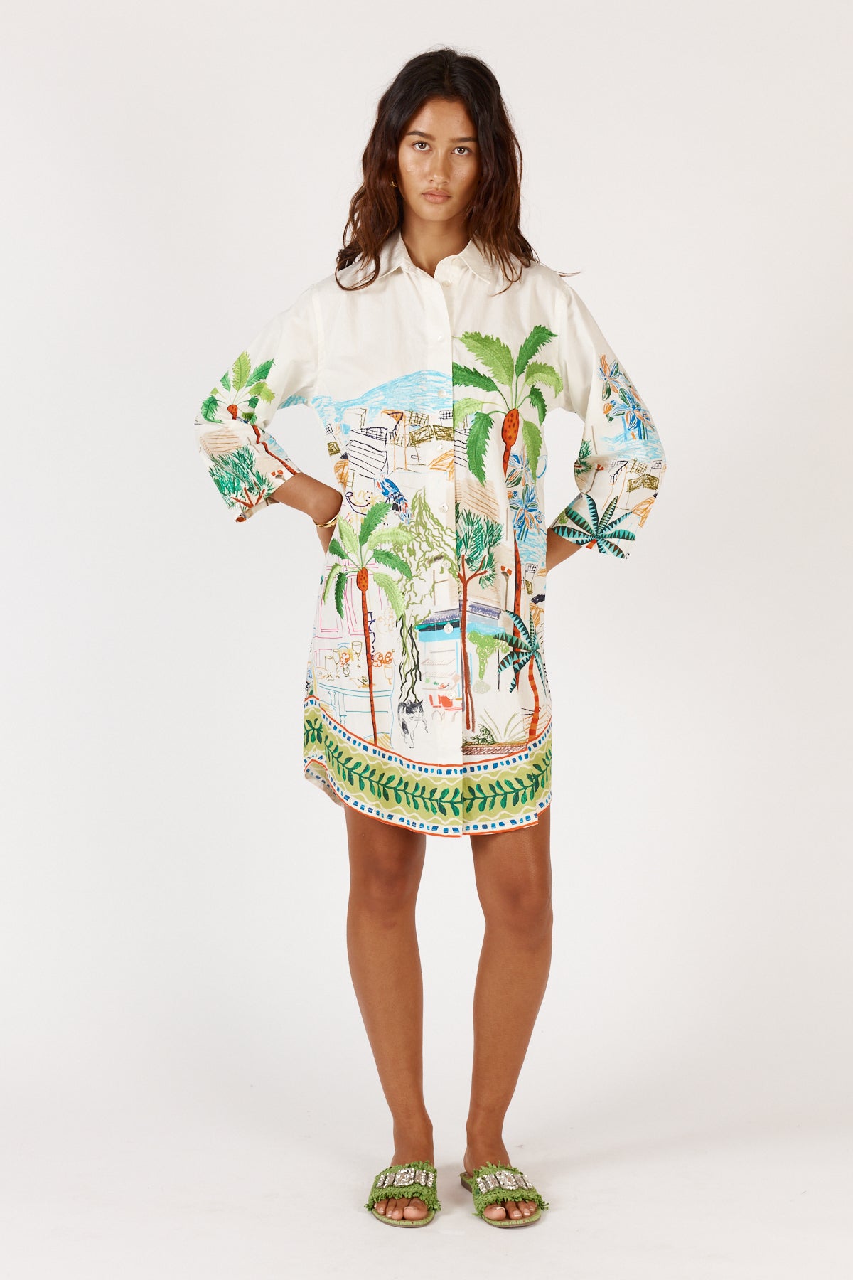 RubyYAYA Cest la vie Shirtmaker Shirt dress white cotton embroidery long sleeve short midi