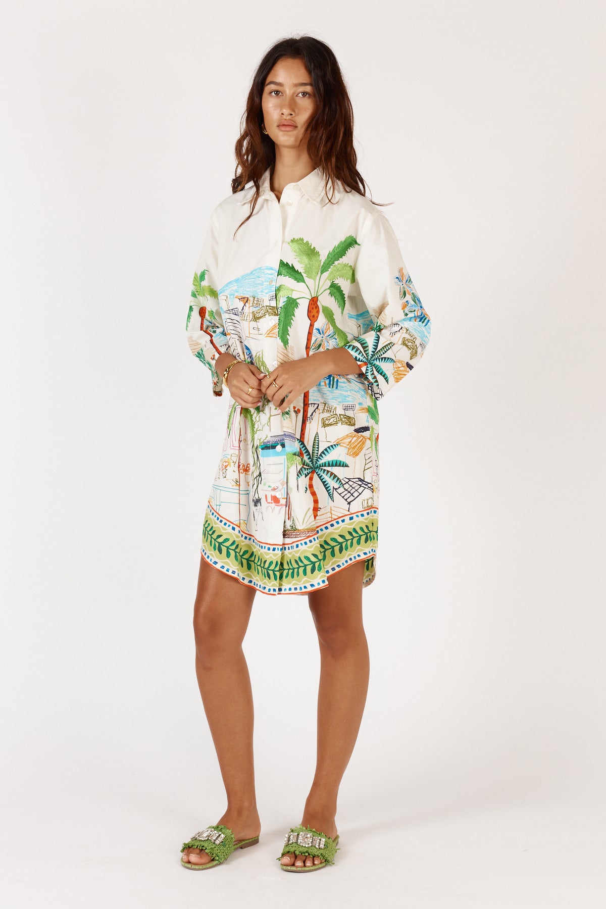 RubyYAYA Cest la vie Shirtmaker Shirt dress white cotton embroidery long sleeve short midi