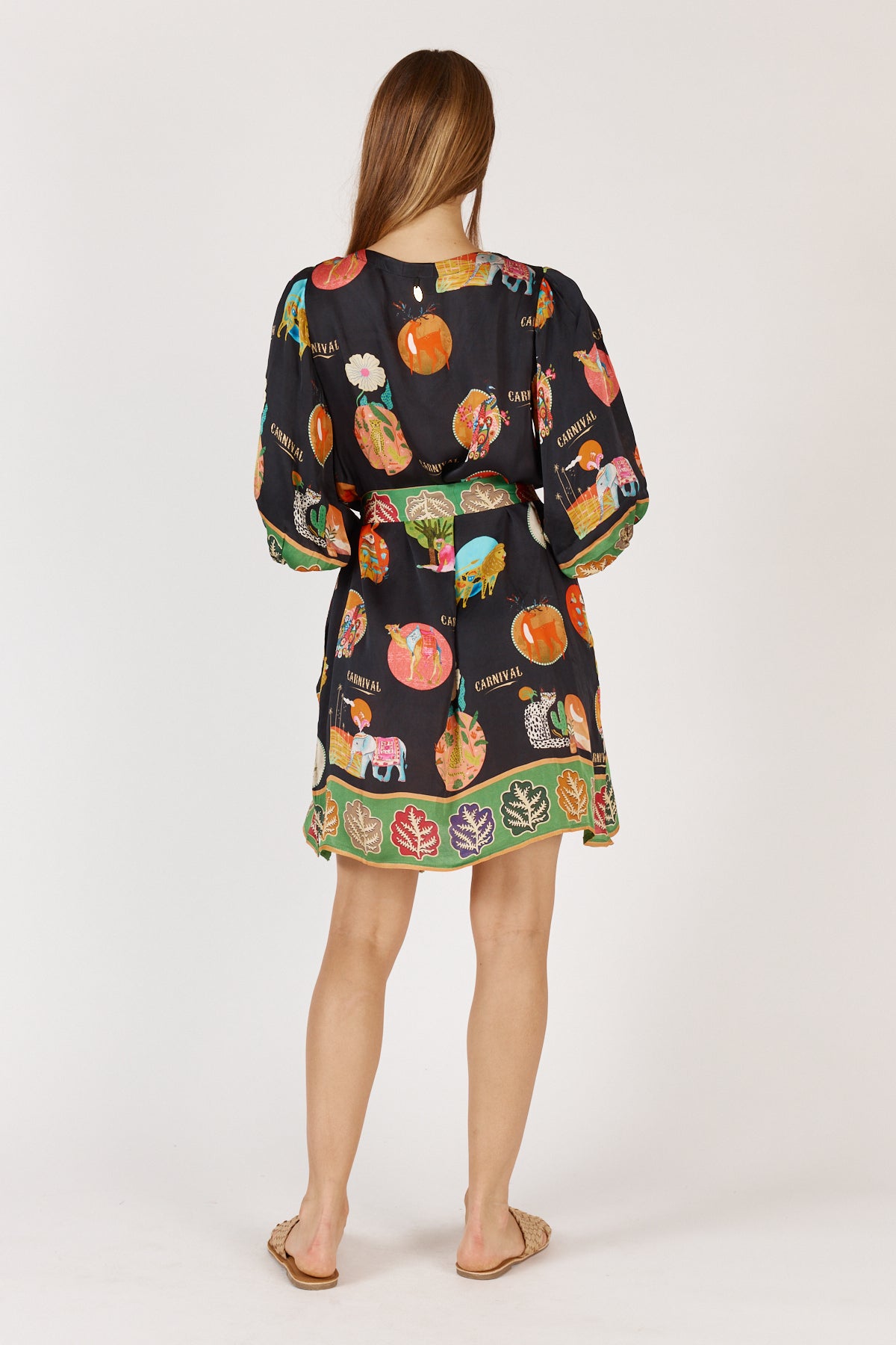RubyYAYA Down Under Print Black short midi length with sleeve Resort Holiday dress Summer