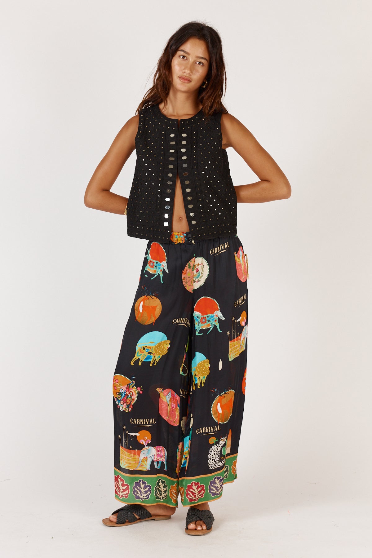 Rubyyaya Downunder shirt and pants Black Print relaxed straight wide leg pant elastic waist summer resort and holiday set