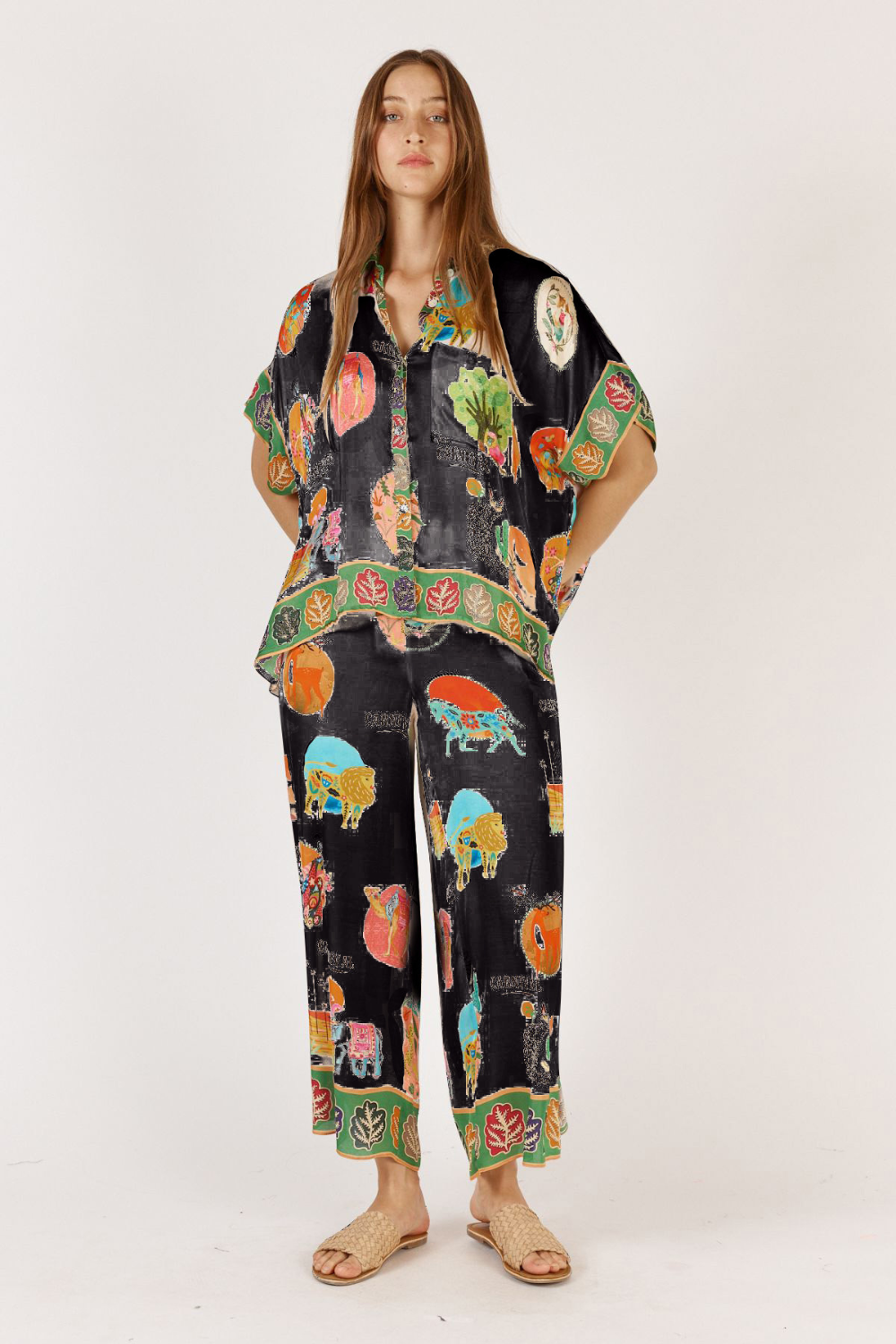 Rubyyaya Downunder shirt and pants Black Print relaxed straight wide leg pant elastic waist summer resort and holiday set