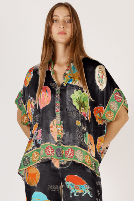 Rubyyaya Downunder shirt and pants Black Print Sleeve Button up with collar summer resort and holiday set