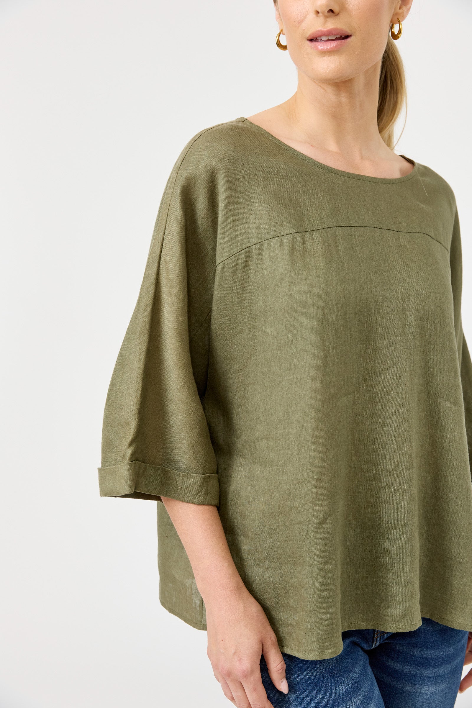 Eb&Ive Studio linen relaxed Khaki top three-quarter length sleeve relaxed fit evening work wear Khaki Linen Blouse long sleeve Oversized Black Linen Top