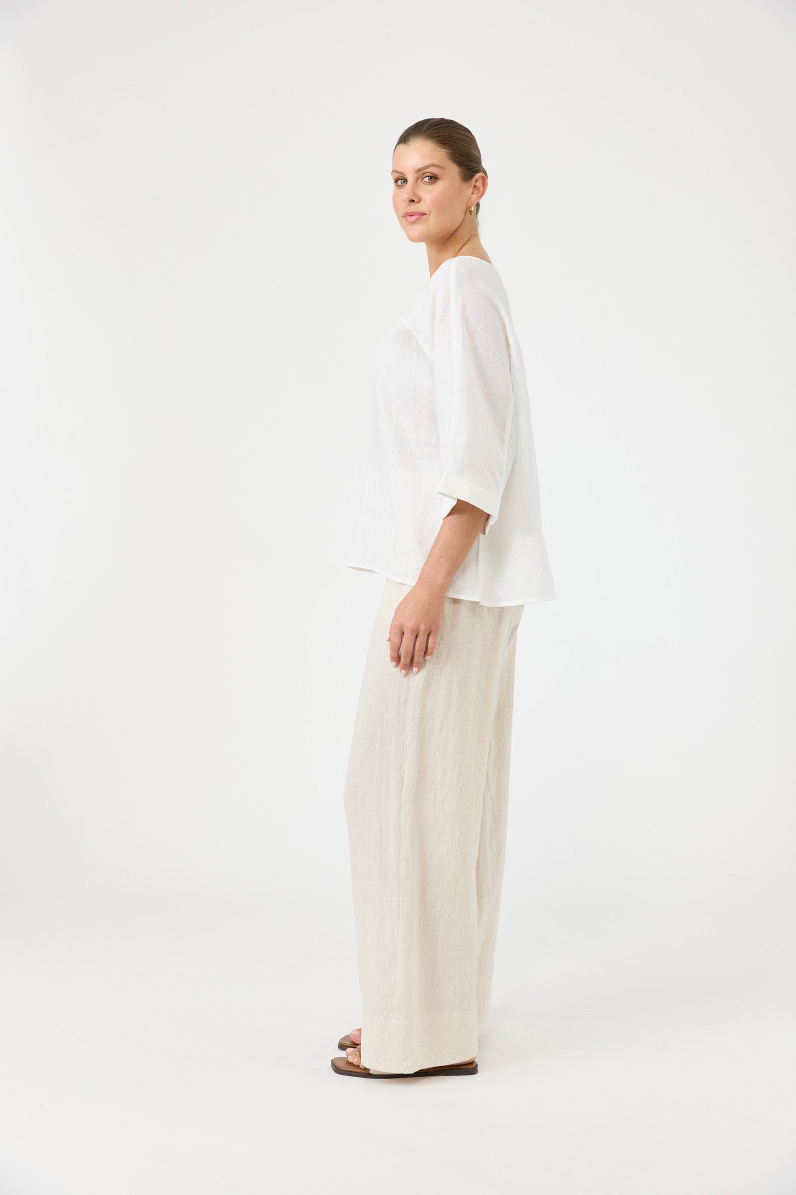Eb&Ive Studio linen relaxed white top three-quarter length sleeve relaxed fit evening work wear Salt Linen Blouse long sleeve Oversized Black Linen Top