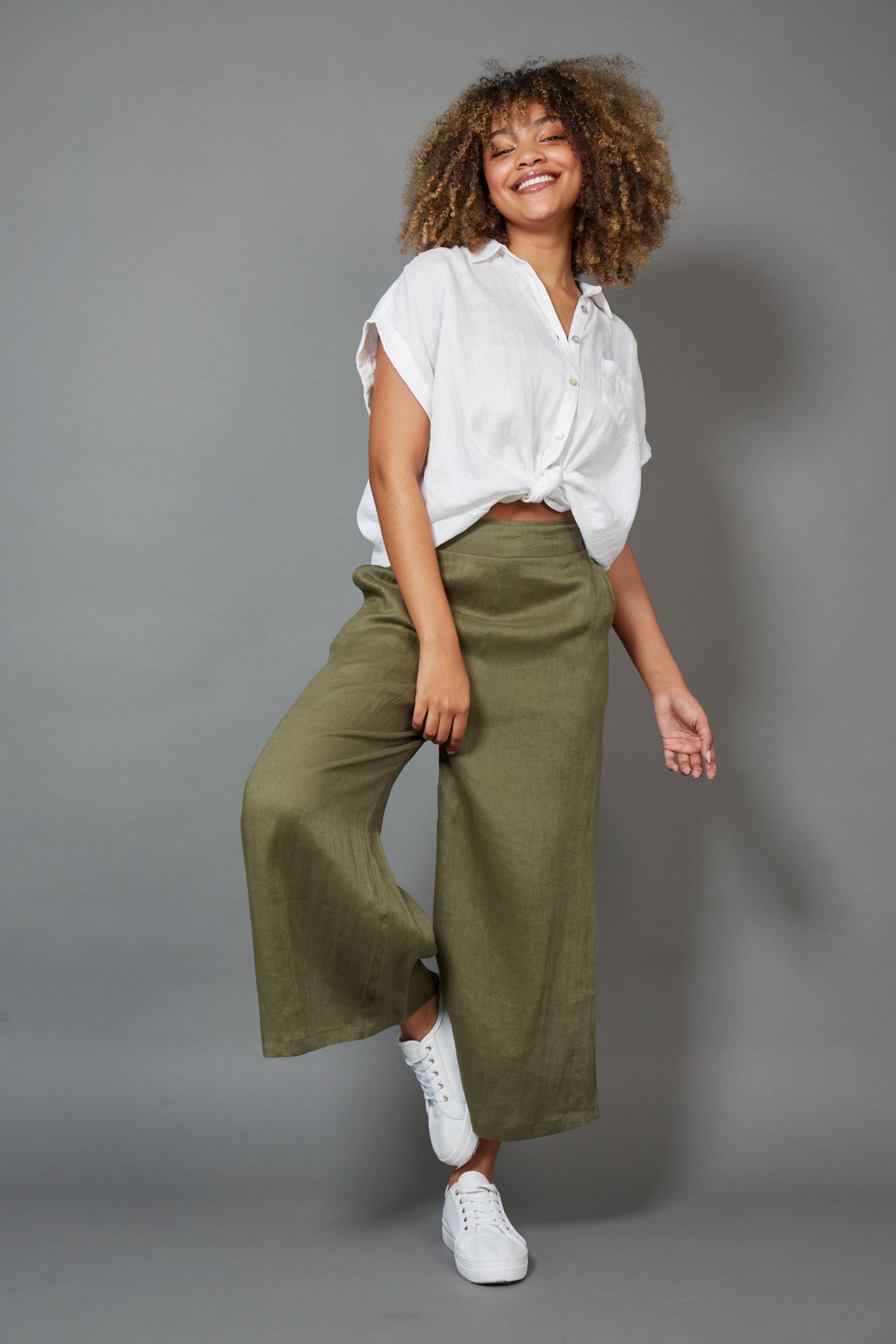 Eb&Ive Studio Linen Crop Wide Leg Pant Khaki