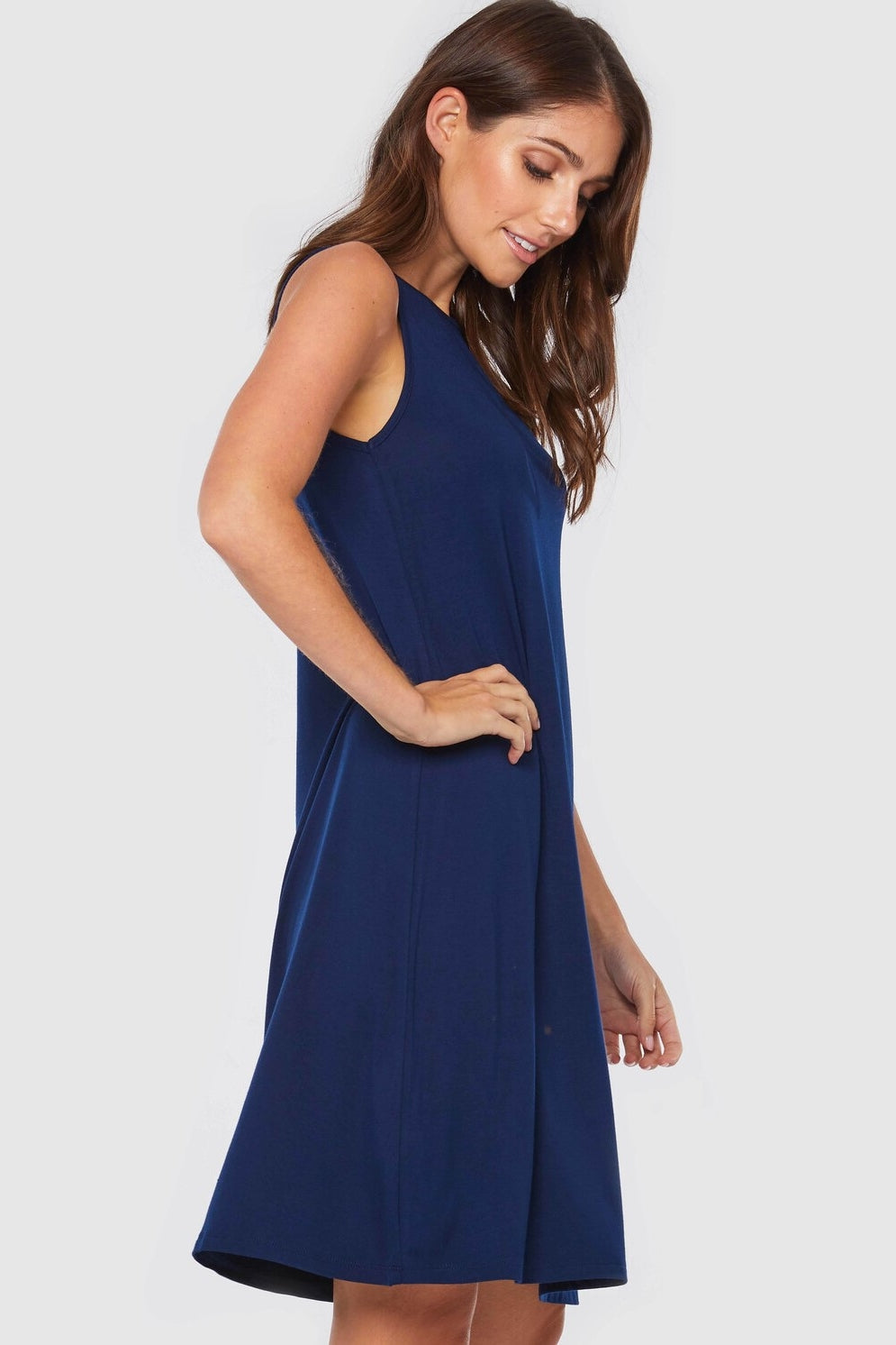 Bamboo Body Adele shift dress midi length super soft bamboo viscose classic premium basic workwear lounge or casual a-line T-Shirt dress navy blue