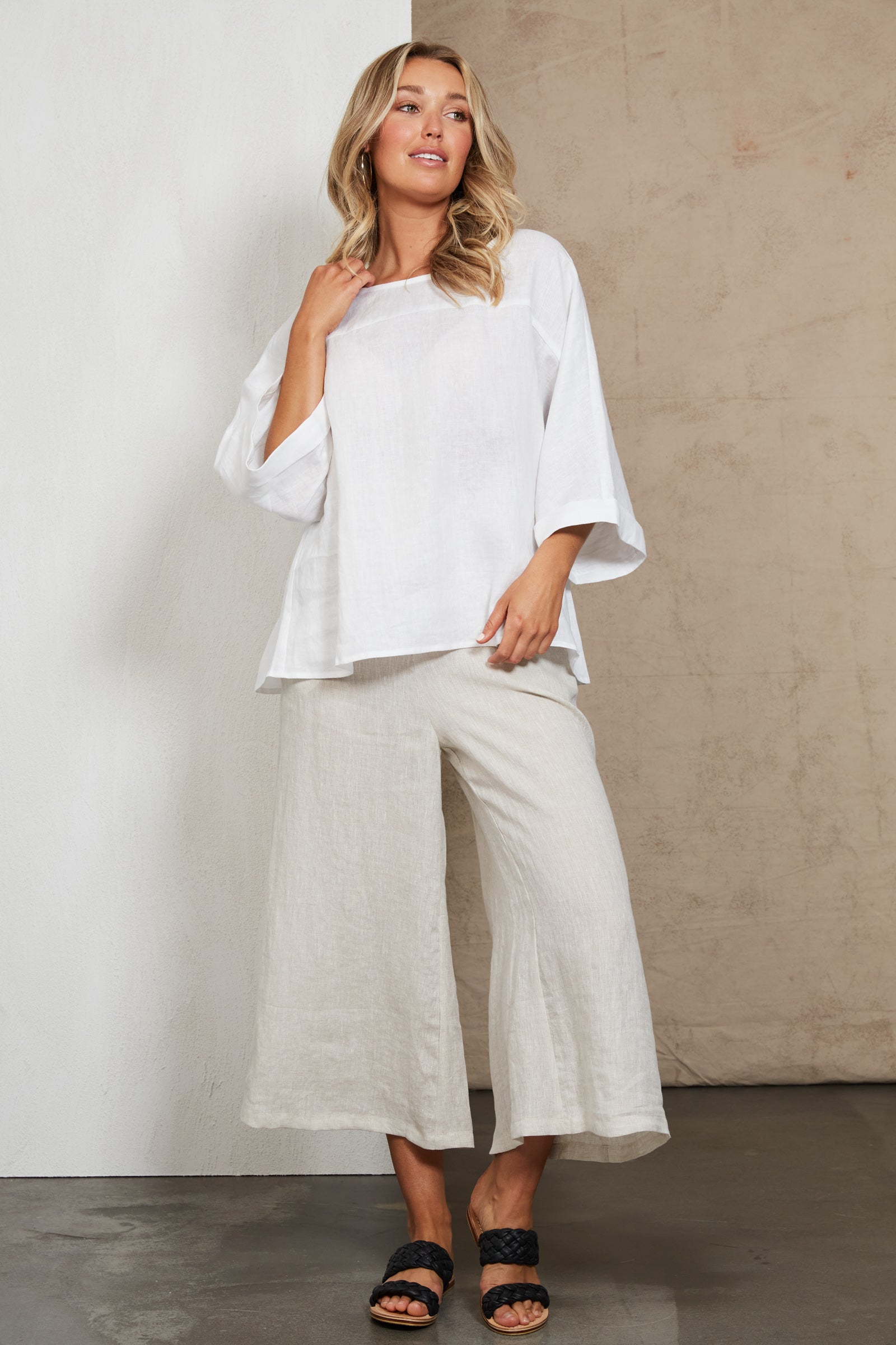 Eb&Ive Studio linen relaxed white top three-quarter length sleeve relaxed fit evening work wear Salt Linen Blouse long sleeve Oversized Black Linen Top