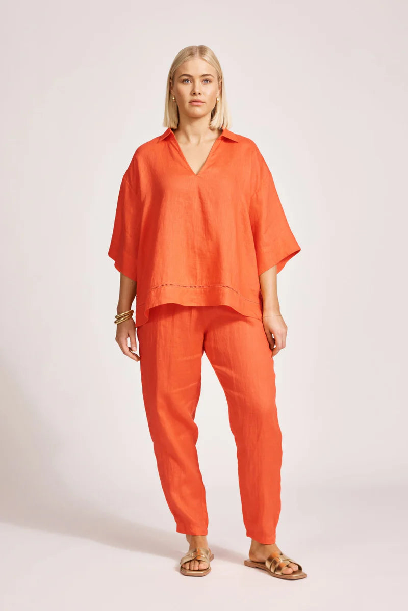 Miramar Collared Top - Coral Linen