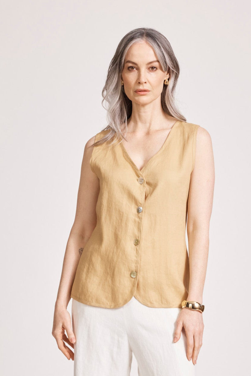 Eb&Ive Miramar vest smart casual linen summer vest sleeveless v-neck work top camel 