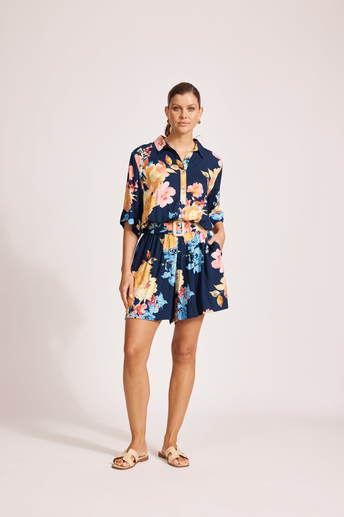 Eb&amp;Ive Parisio Belt Shirt jumpsuit Short 3/4 sleeve with collar and button front elastic and Belt waist summer work romper swim cover navy spring floral print playsuit 