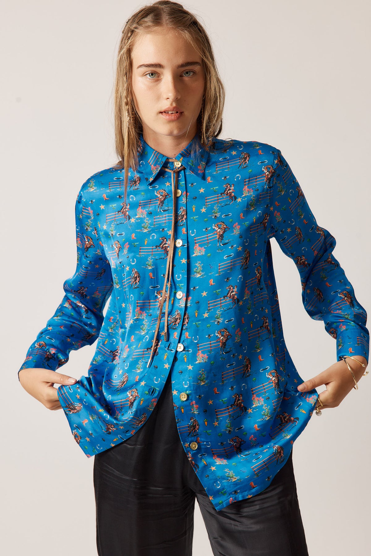 RubyYaya Cowgirl Vintage &amp; retro all over cowboy print statement  bold Animal print with horses soft button up Shirt  women’s fashion collared blouse cobalt blue