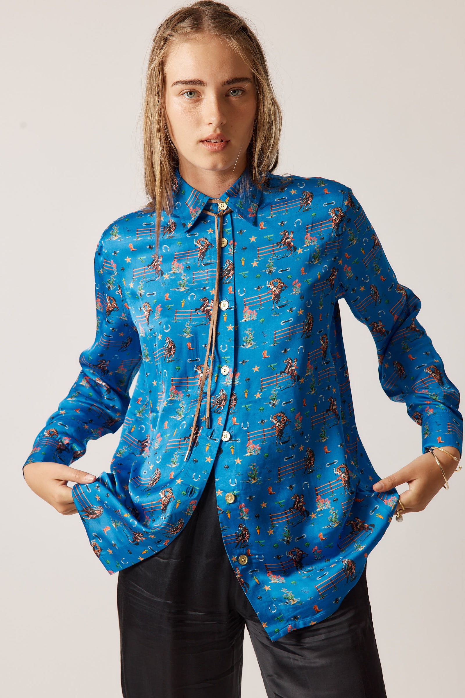 RubyYaya Cowgirl Vintage & retro all over cowboy print statement  bold Animal print with horses soft button up Shirt  women’s fashion collared blouse cobalt blue