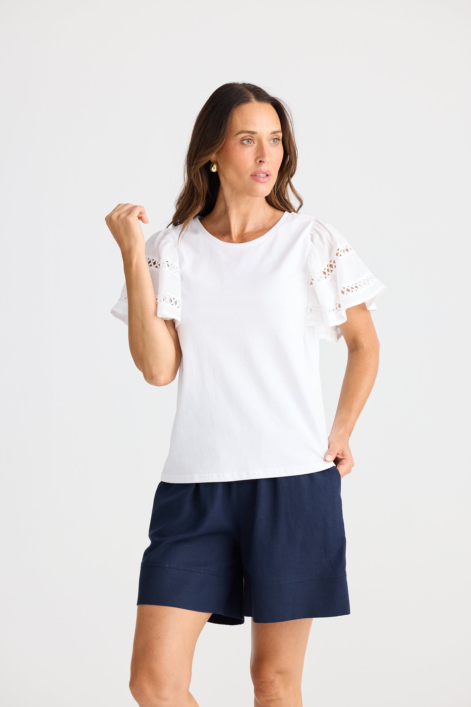 Brave + True Chloe Cotton T-shirt Work Smart Casual Flared Sleeve Short sleeve detail White