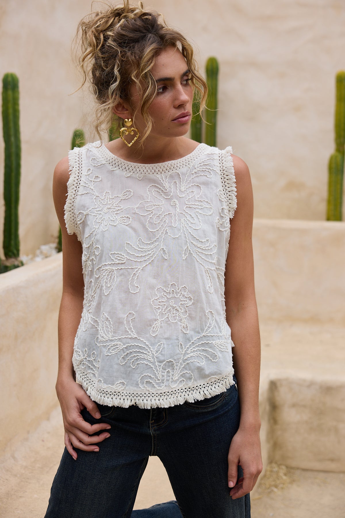 Talisman Chantilly lace top cotton with embroidery and fringe edges. Summer bohemian top 