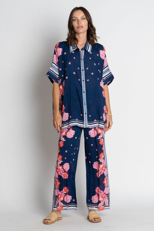 Lula Soul Ladera Navy and pink floral Collared short sleeve shirt button up summer holiday resort set