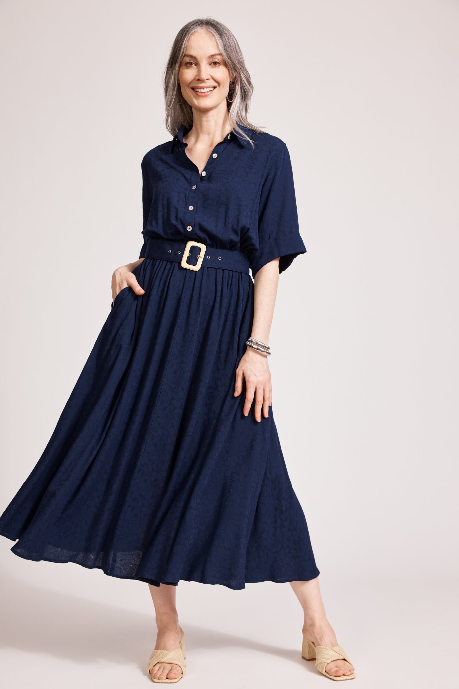 Eb&Ive Parisio Belt Shirt Dress  Short 3/4 sleeve maxi with collar and button front elastic and Belt waist summer work dress swim cover navy jacquard 