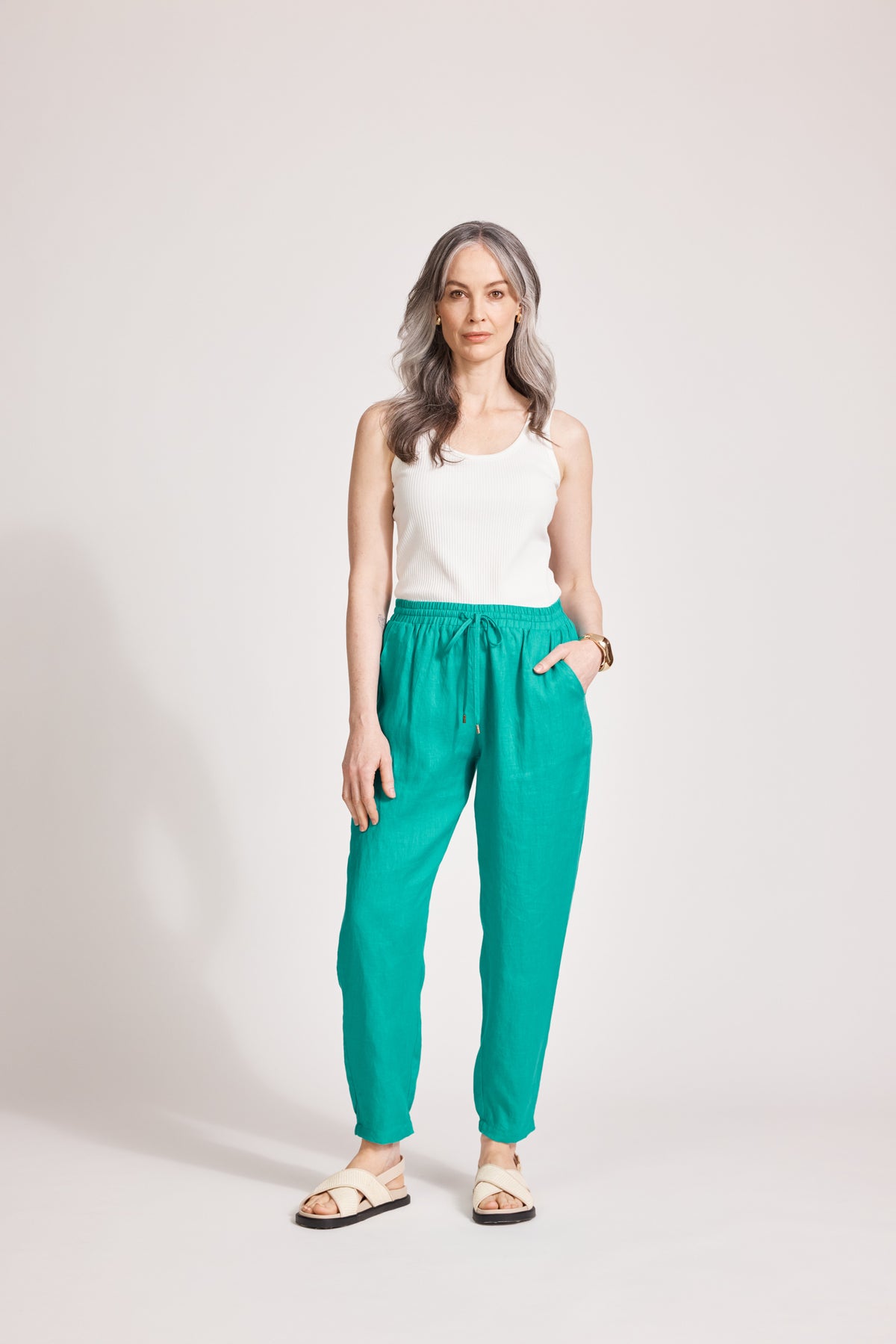 Eb&amp;Ive Miramar Linen pant Relaxed linen jogger summer drawstring waist slim tapered leg lagoon blue 