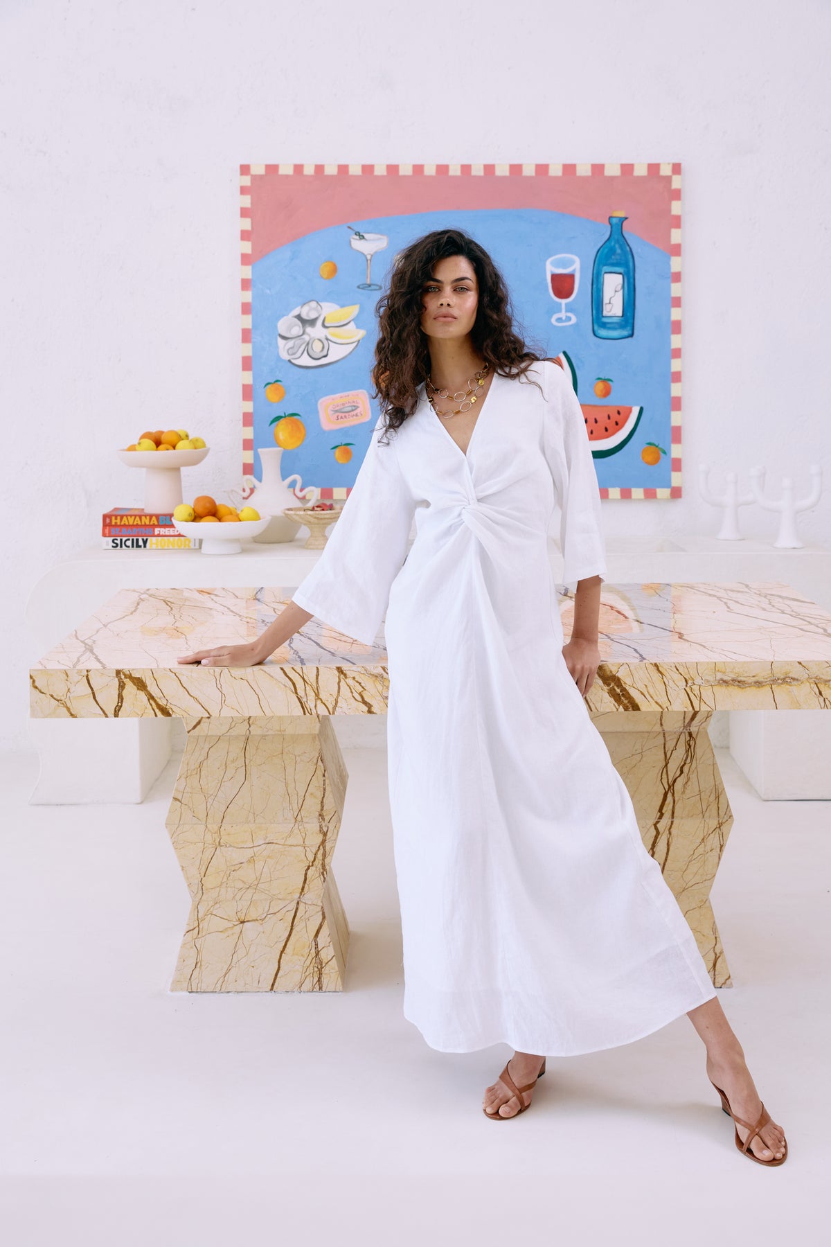 Eb&amp;Ive Miramar twist dress long sleeve kimono kaftan sleeve fit and flare v-neck event holiday resort dress summer Linen maxi white 