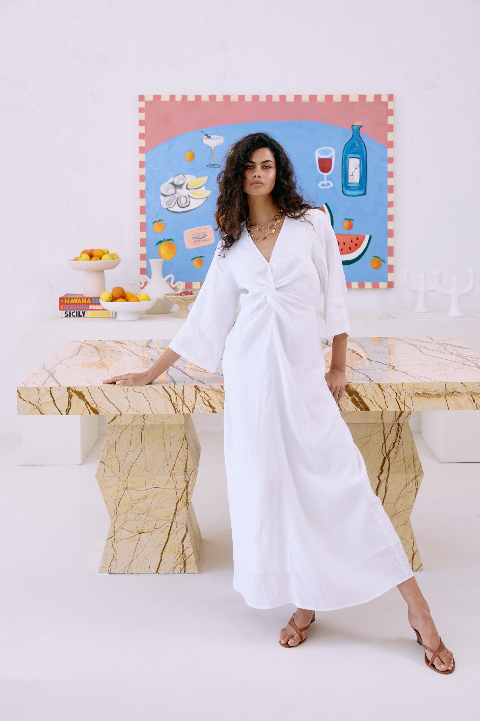 Eb&Ive Miramar twist dress long sleeve kimono kaftan sleeve fit and flare v-neck event holiday resort dress summer Linen maxi white 