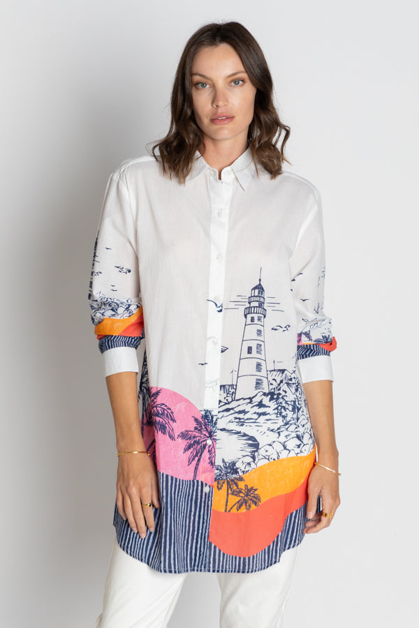 Lulasoul  byron Shirt Dress tunic White cotton with a sun rise and lighthouse print in navy Summer swim cover