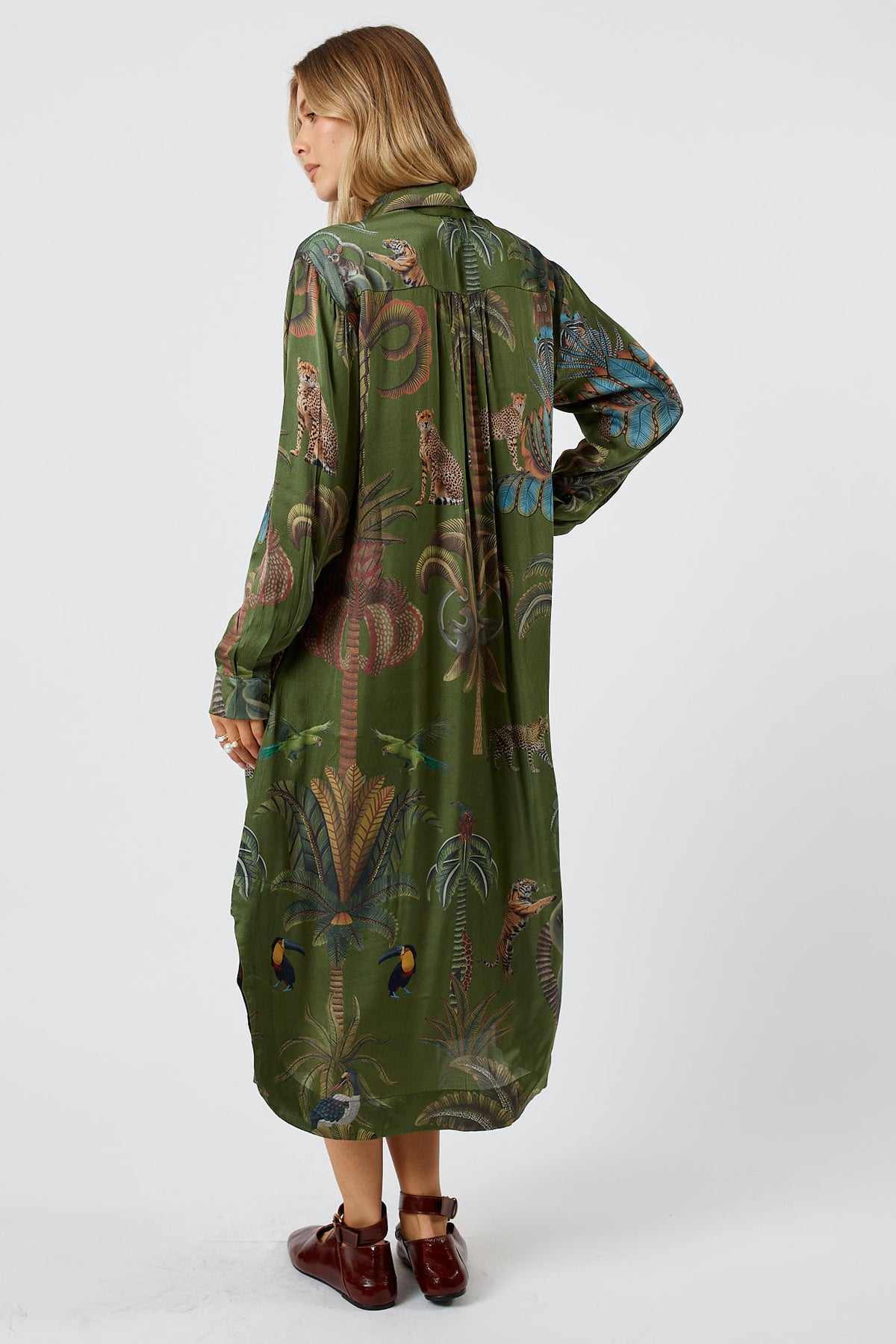 LulaSoul Cheetah Vintage & retro all over jungle print statement bold animal print  soft satin button up Shirt dress women’s fashion evening event dress olive green 