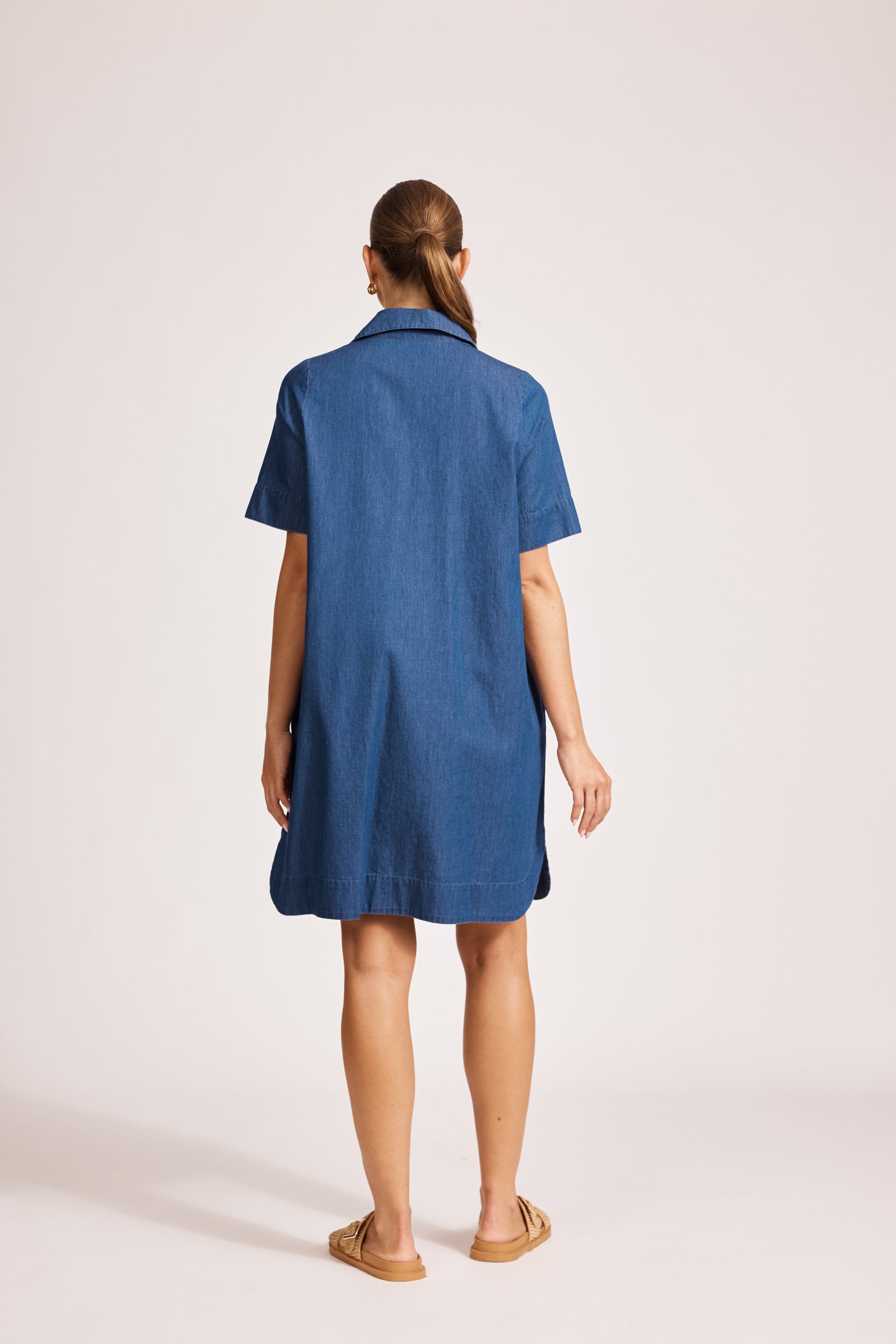 Eb&Ive Melenia Denim shirt dress short sleeve button front and filler shirt maker cotton summer dress indigo 