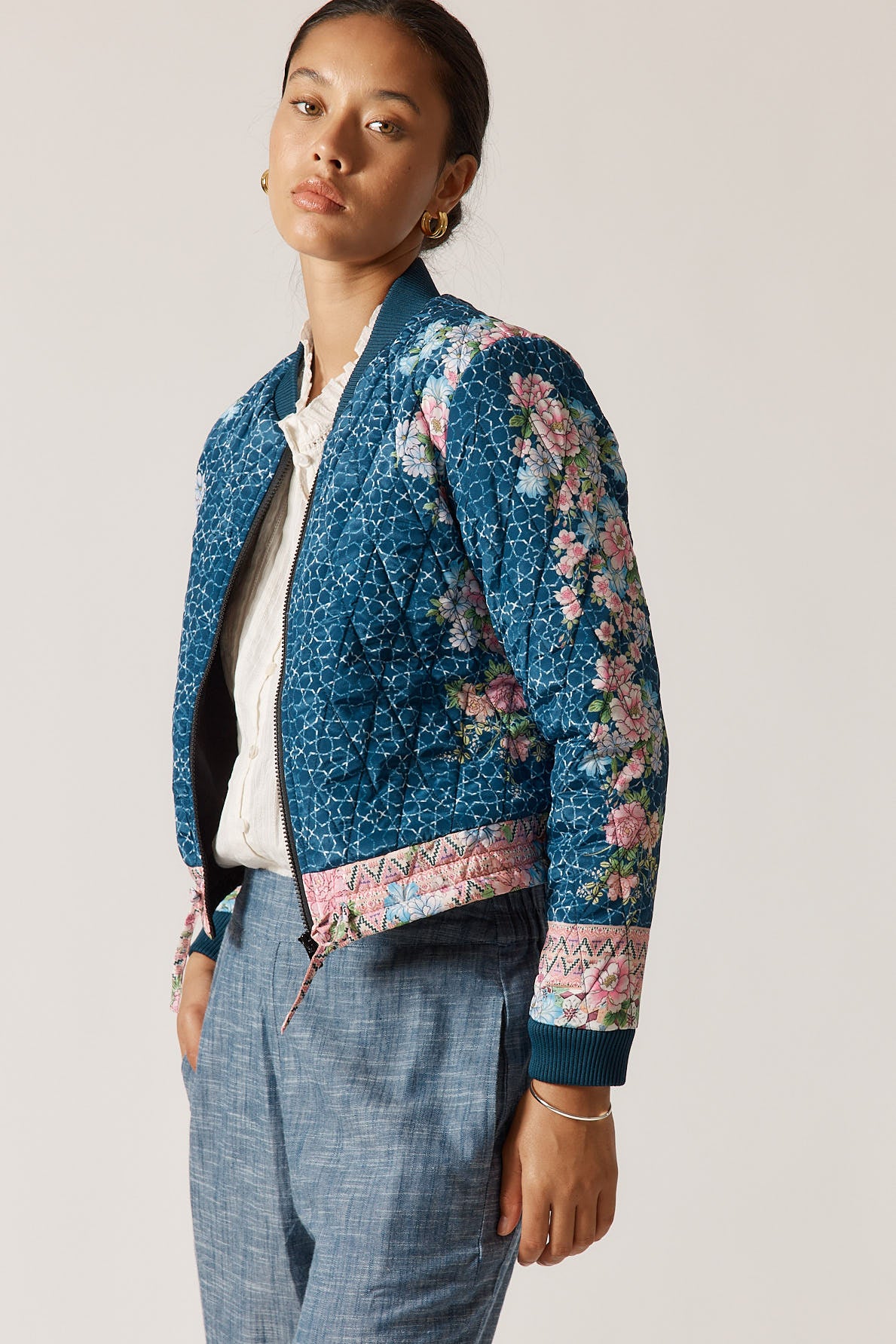 RubyYaya Daisy duke Vintage & retro all over floral print statement  bold print quilted bomber jacket women’s fashion  blush pink and blue 