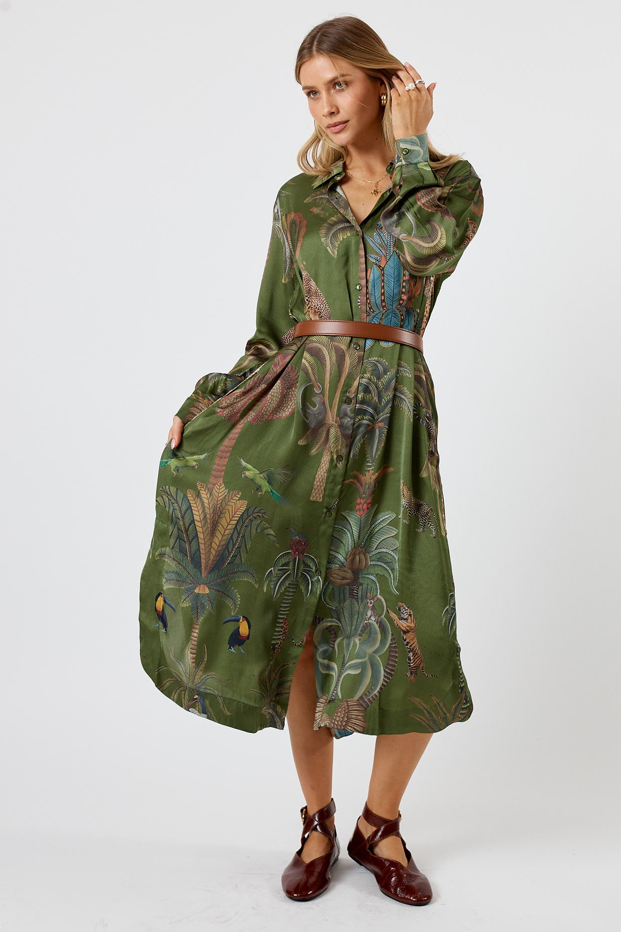 LulaSoul Cheetah Vintage & retro all over jungle print statement bold animal print  soft satin button up Shirt dress women’s fashion evening event dress olive green 