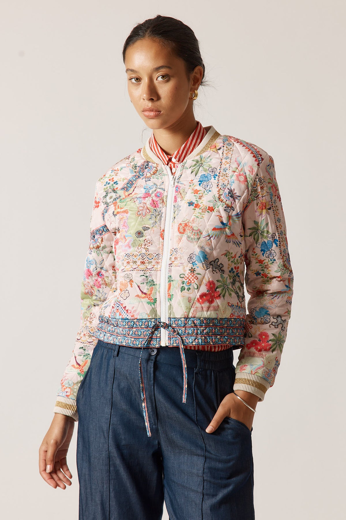 RubyYaya Lala Vintage & retro all over bird floral print statement  bold Asian print quilted bomber jacket women’s fashion white blush 