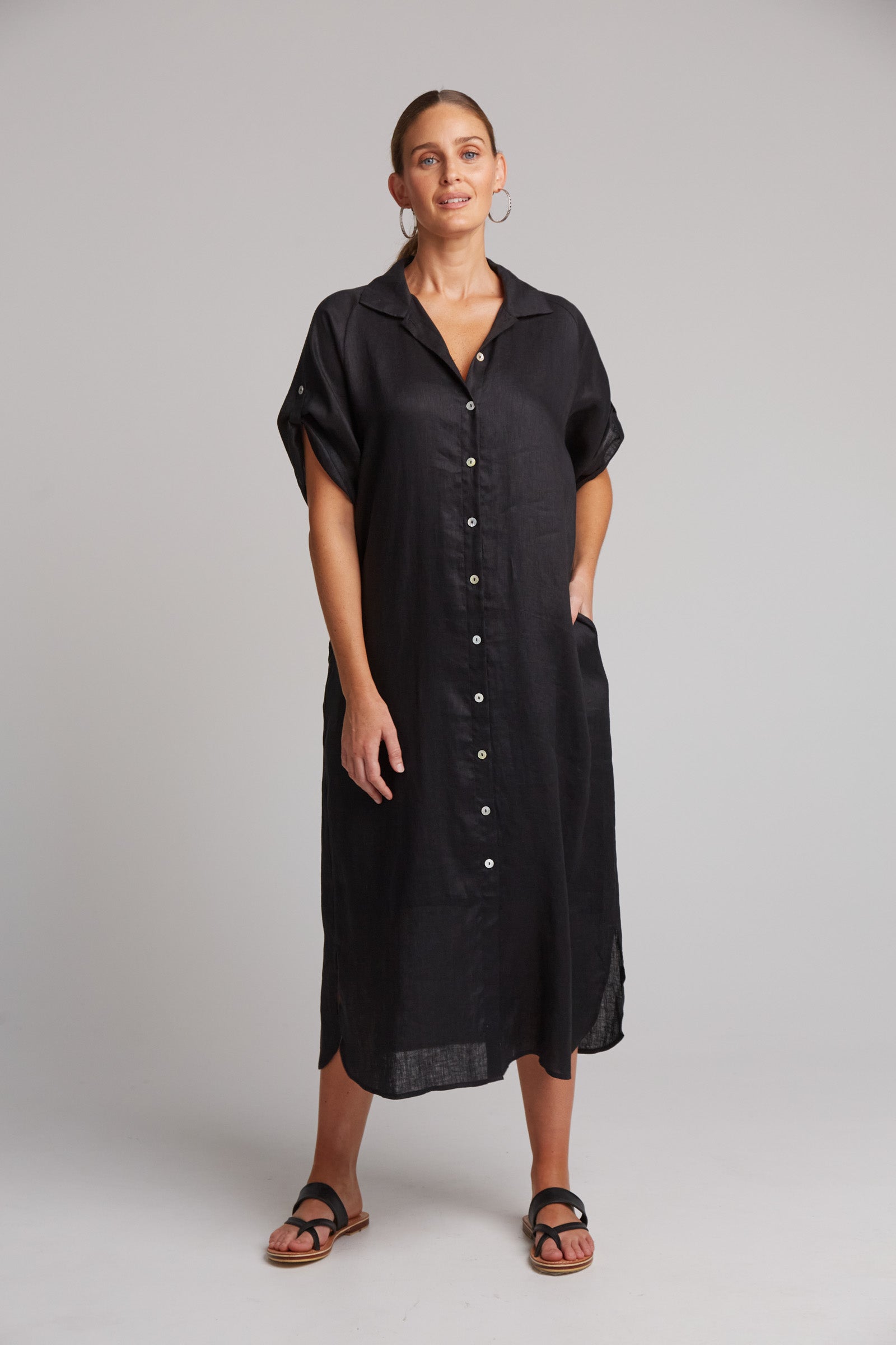 Eb&Ive Studio Linen Maxi Long Shirt Dress with pockets Black Ebony
